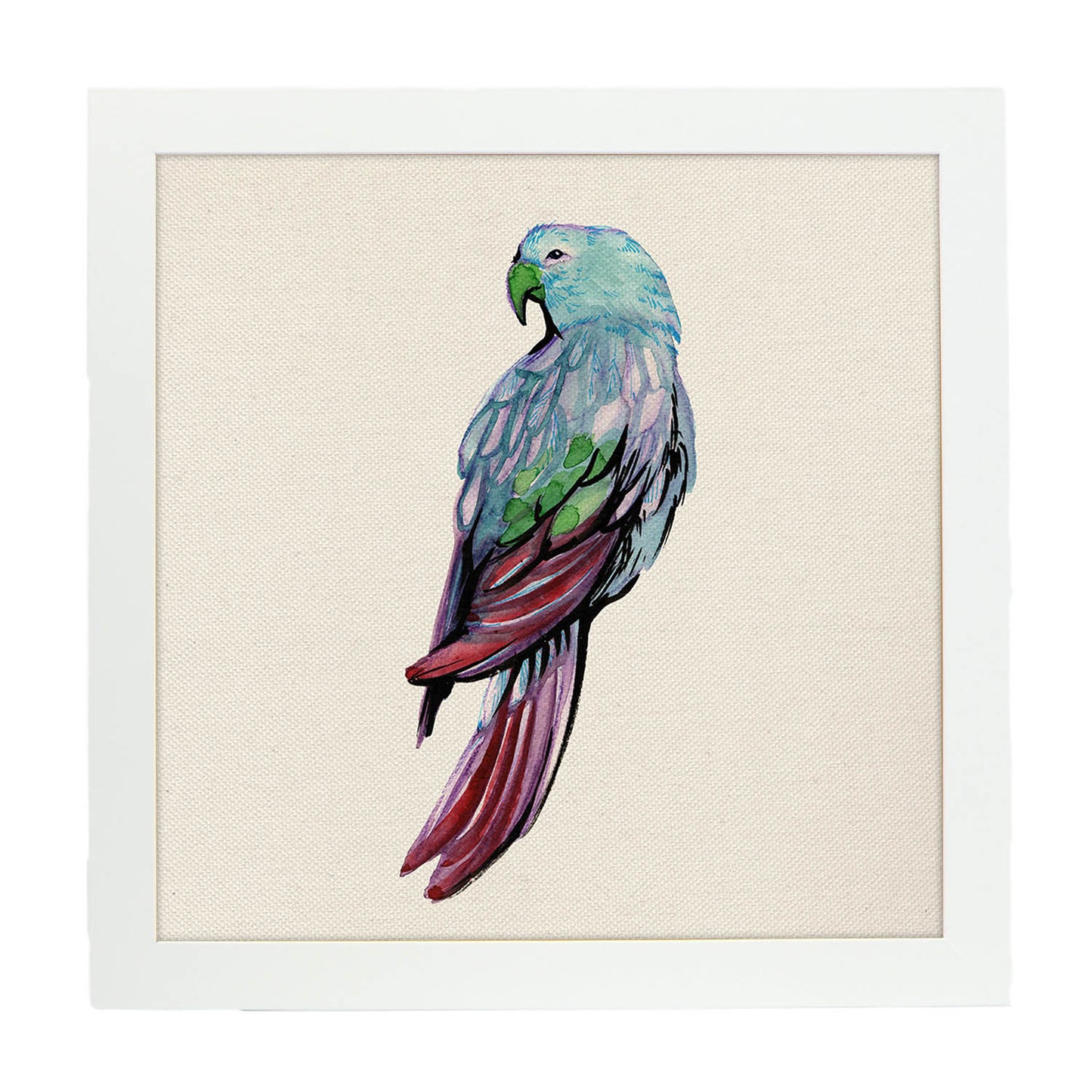 Poster cuadrado con dibujos de pájaros. Lámina Lorito azul, ilustrada con dibujos de pajaros y periquitos.-Artwork-Nacnic-20x20 cm-Marco Blanco-Nacnic Estudio SL