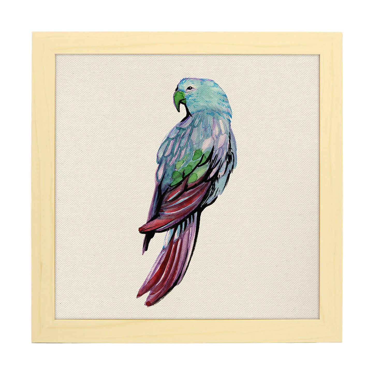 Poster cuadrado con dibujos de pájaros. Lámina Lorito azul, ilustrada con dibujos de pajaros y periquitos.-Artwork-Nacnic-25x25 cm-Marco Madera clara-Nacnic Estudio SL