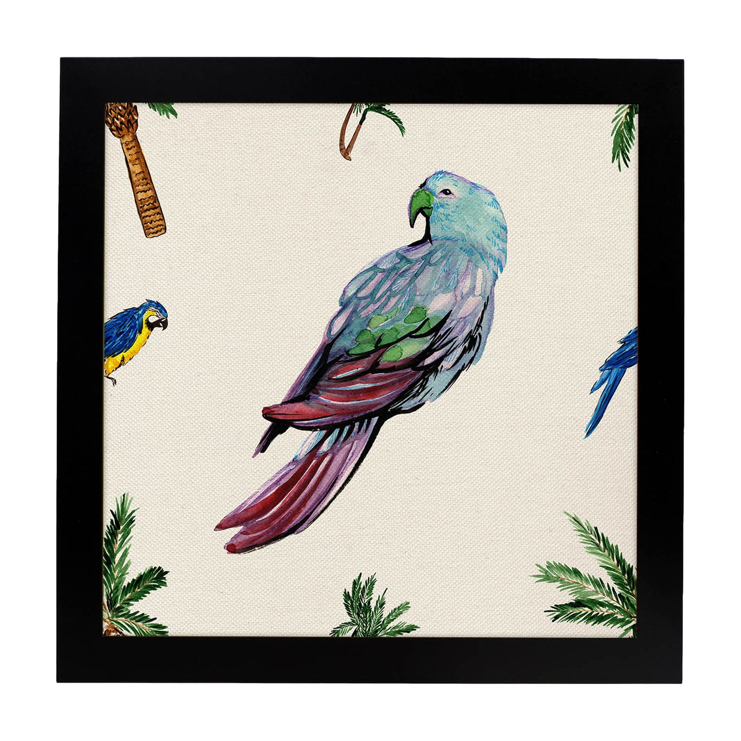 Poster cuadrado con dibujos de pájaros. Lámina Lorito parlanchín, ilustrada con dibujos de pajaros y periquitos.-Artwork-Nacnic-20x20 cm-Marco Negro-Nacnic Estudio SL