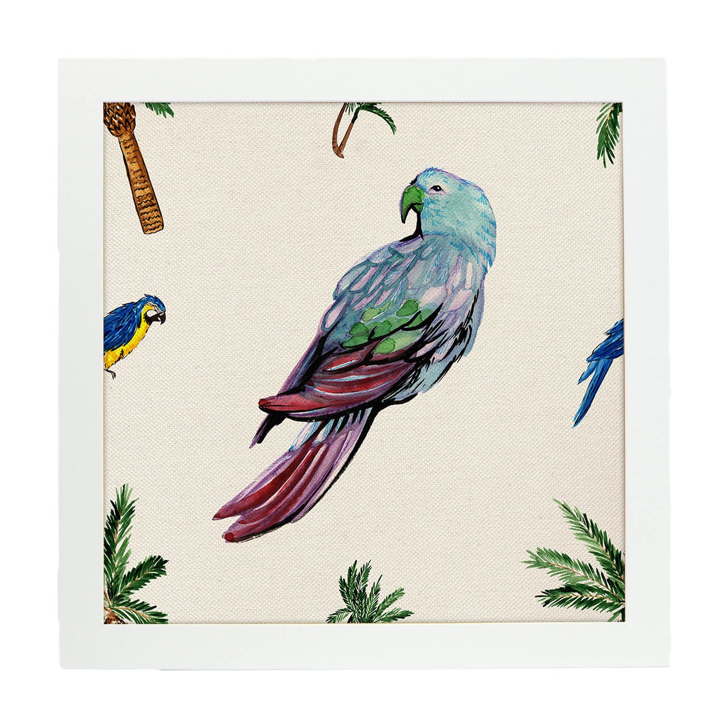 Poster cuadrado con dibujos de pájaros. Lámina Lorito parlanchín, ilustrada con dibujos de pajaros y periquitos.-Artwork-Nacnic-25x25 cm-Marco Blanco-Nacnic Estudio SL