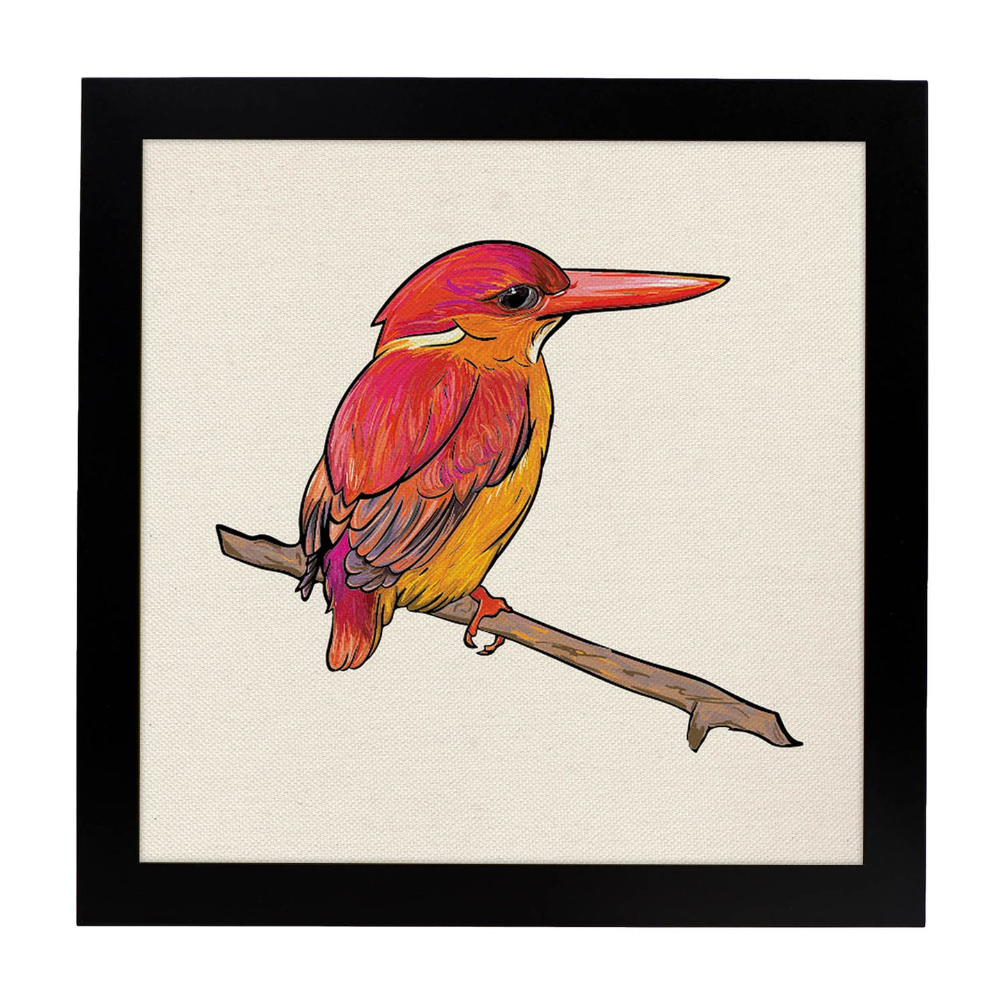 Poster cuadrado con dibujos de pájaros. Lámina Pajarito en rama, ilustrada con dibujos de pajaros y periquitos.-Artwork-Nacnic-20x20 cm-Marco Negro-Nacnic Estudio SL