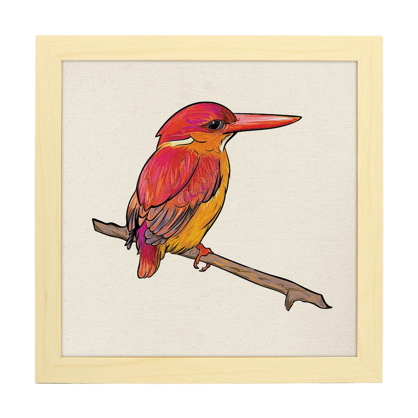 Poster cuadrado con dibujos de pájaros. Lámina Pajarito en rama, ilustrada con dibujos de pajaros y periquitos.-Artwork-Nacnic-25x25 cm-Marco Madera clara-Nacnic Estudio SL