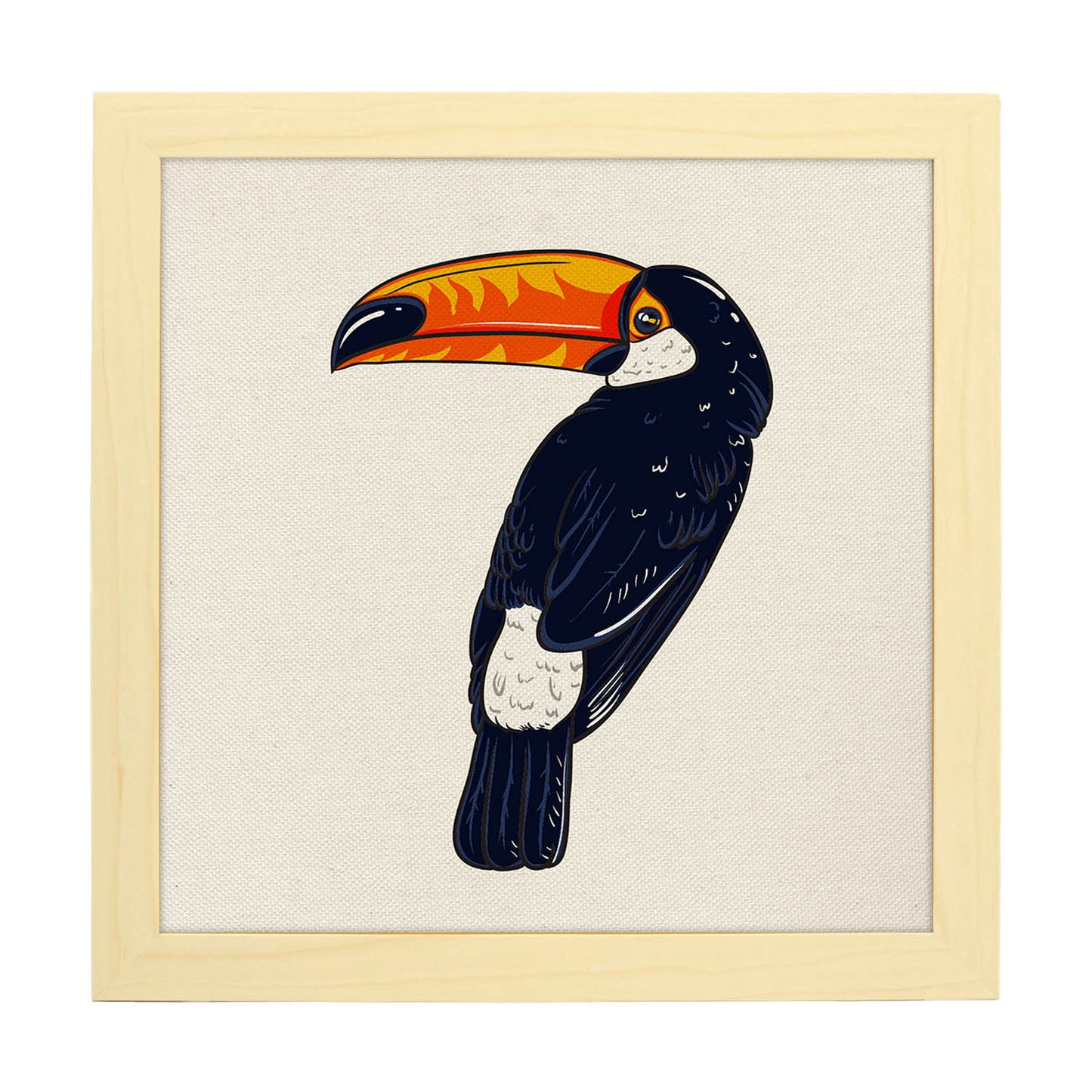 Poster cuadrado con dibujos de pájaros. Lámina Tucán inquieto, ilustrada con dibujos de pajaros y periquitos.-Artwork-Nacnic-20x20 cm-Marco Madera clara-Nacnic Estudio SL