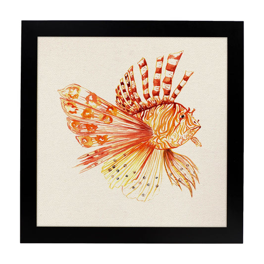 Poster cuadrado con dibujos de peces. Lámina Diversión en naranja, ilustrada con dibujos de peces y animales del mar.-Artwork-Nacnic-20x20 cm-Marco Negro-Nacnic Estudio SL