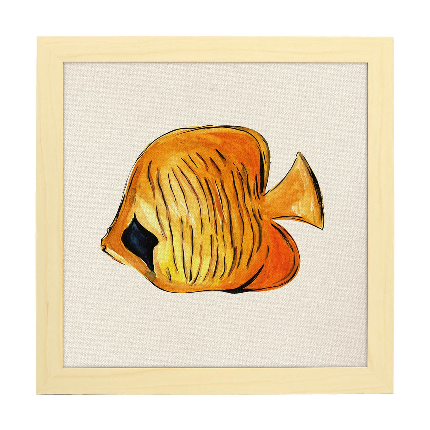Poster cuadrado con dibujos de peces. Lámina Pececito amarillo, ilustrada con dibujos de peces y animales del mar.-Artwork-Nacnic-20x20 cm-Marco Madera clara-Nacnic Estudio SL