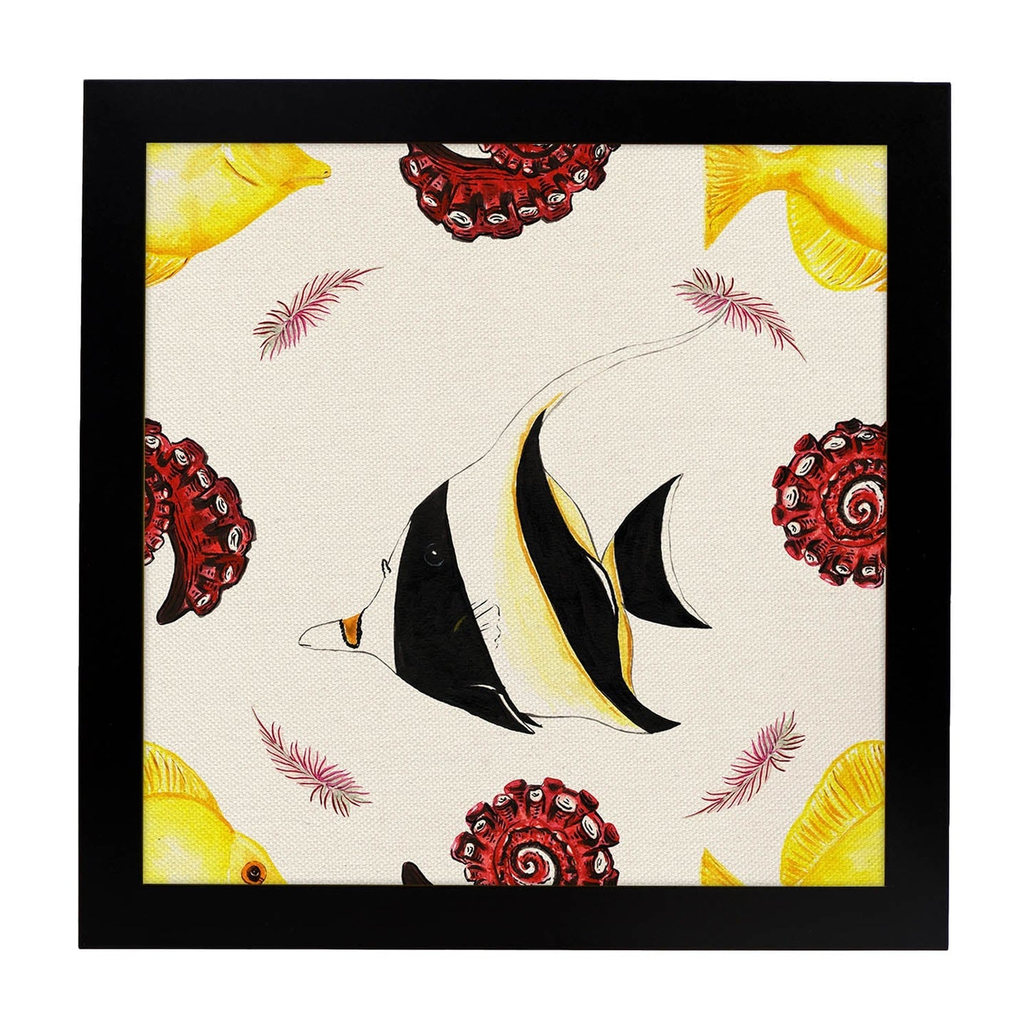 Poster cuadrado con dibujos de peces. Lámina Pez pececito, ilustrada con dibujos de peces y animales del mar.-Artwork-Nacnic-20x20 cm-Marco Negro-Nacnic Estudio SL