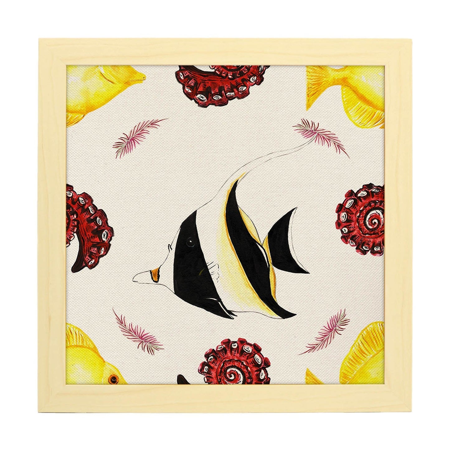 Poster cuadrado con dibujos de peces. Lámina Pez pececito, ilustrada con dibujos de peces y animales del mar.-Artwork-Nacnic-25x25 cm-Marco Madera clara-Nacnic Estudio SL