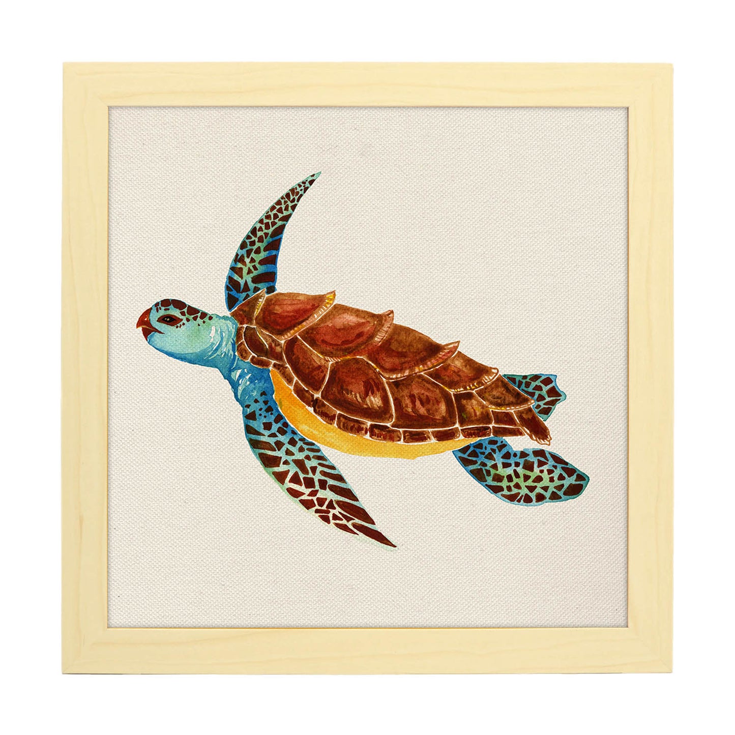 Poster cuadrado con dibujos de ranas y tortugas. Lámina Tortuga viajera, ilustrada con dibujos de tortugas, ranas, y sapos.-Artwork-Nacnic-20x20 cm-Marco Madera clara-Nacnic Estudio SL