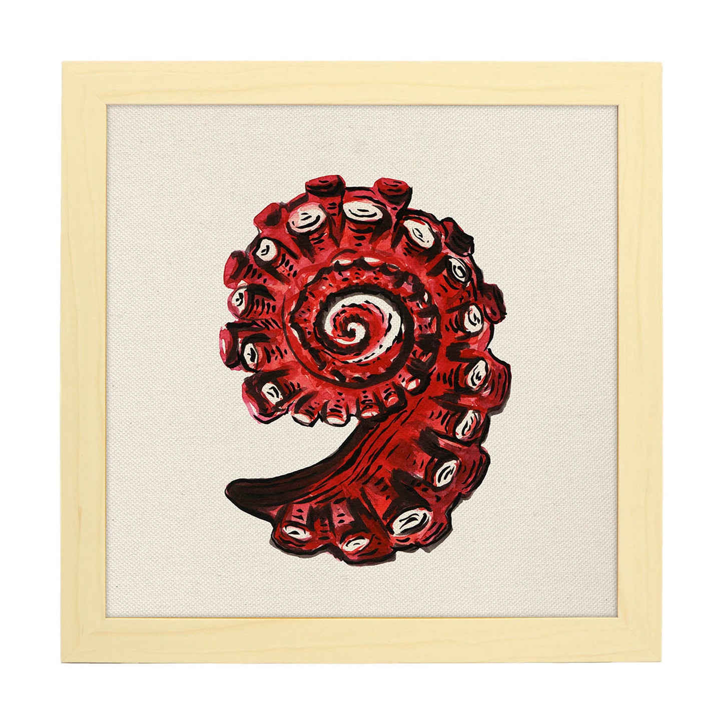 Poster cuadrado con dibujos del mar. Lámina Caracola bermellón, ilustrada con dibujos del mar y el océano.-Artwork-Nacnic-25x25 cm-Marco Madera clara-Nacnic Estudio SL