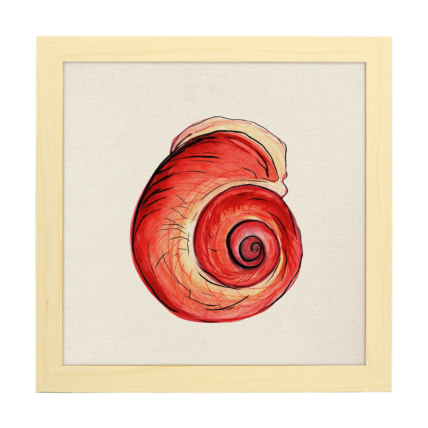 Poster cuadrado con dibujos del mar. Lámina Concha rojiza, ilustrada con dibujos del mar y el océano.-Artwork-Nacnic-25x25 cm-Marco Madera clara-Nacnic Estudio SL