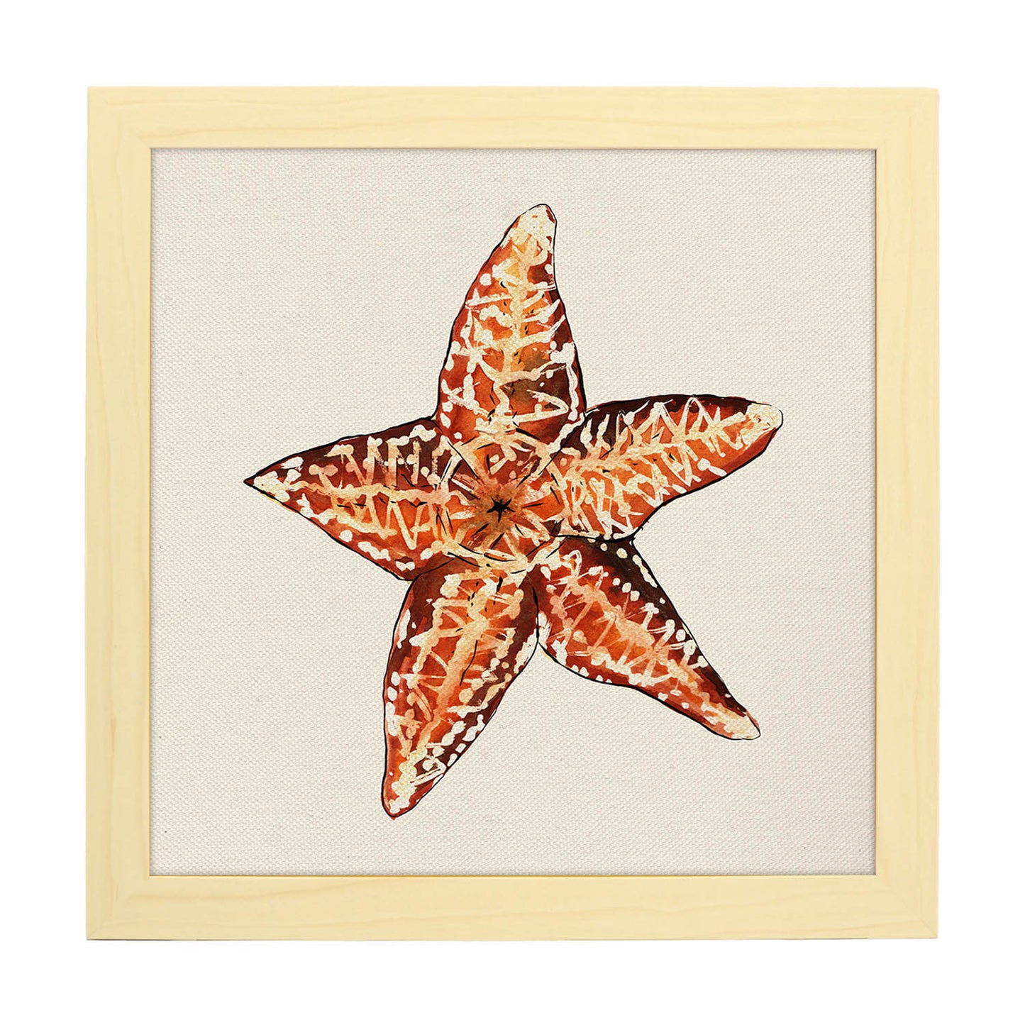 Poster cuadrado con dibujos del mar. Lámina estrella de mar, ilustrada con dibujos del mar y el océano.-Artwork-Nacnic-25x25 cm-Marco Madera clara-Nacnic Estudio SL