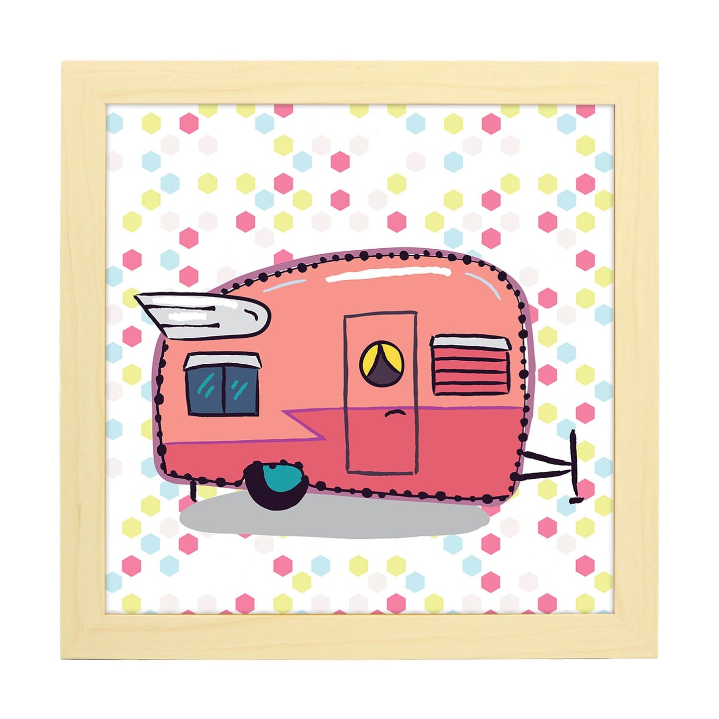 Poster cuadrado de caravanas. Lámina Caravana rosa-Artwork-Nacnic-20x20 cm-Marco Madera clara-Nacnic Estudio SL