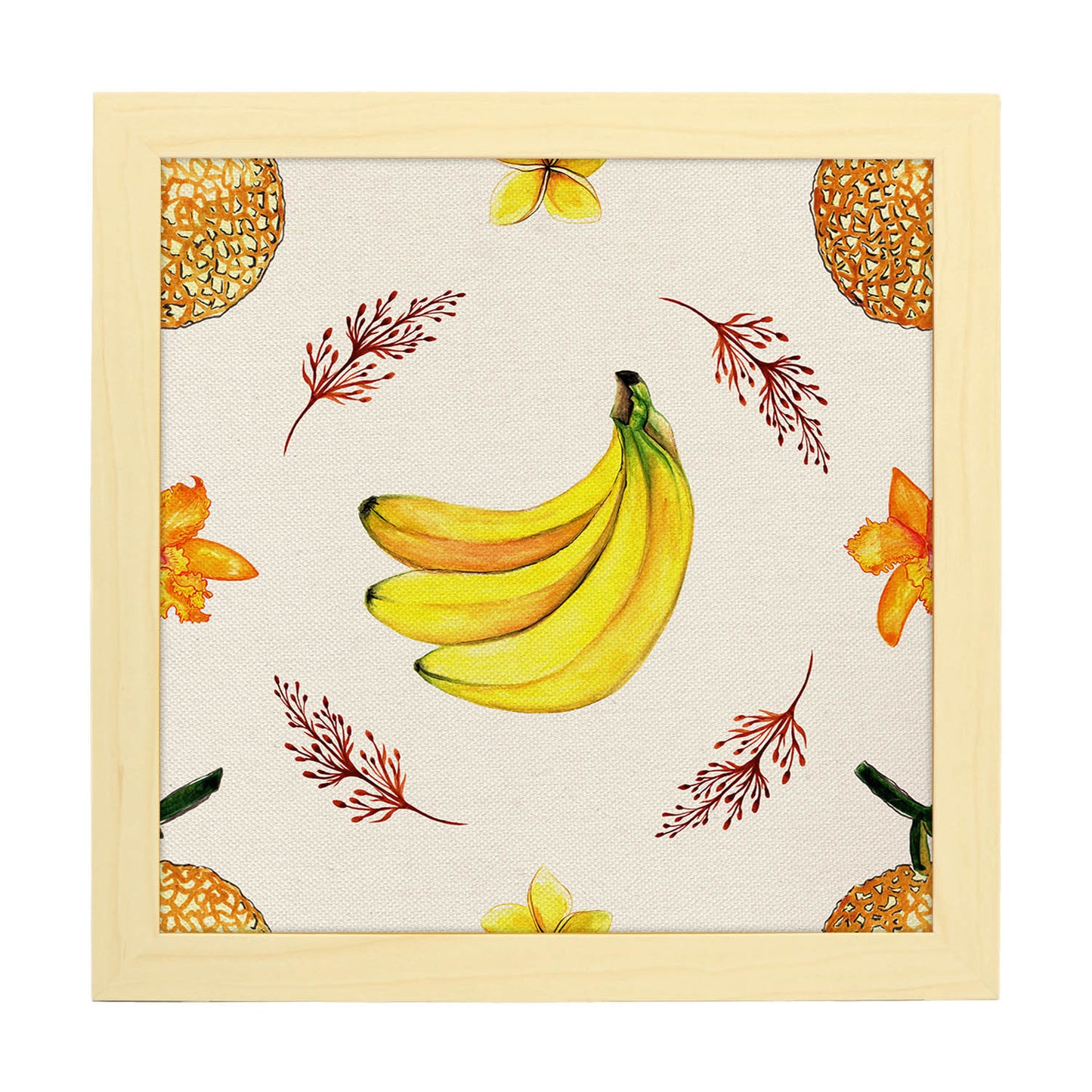Poster cuadrado de Platano bailarin. Lámina de frutas y verduras de forma cuadrada, ilustrada con dibujos a color.-Artwork-Nacnic-20x20 cm-Marco Madera clara-Nacnic Estudio SL
