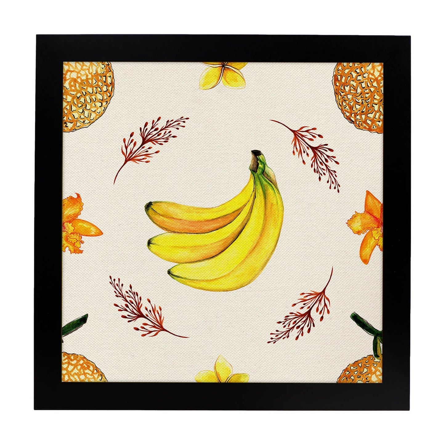 Poster cuadrado de Platano bailarin. Lámina de frutas y verduras de forma cuadrada, ilustrada con dibujos a color.-Artwork-Nacnic-20x20 cm-Marco Negro-Nacnic Estudio SL