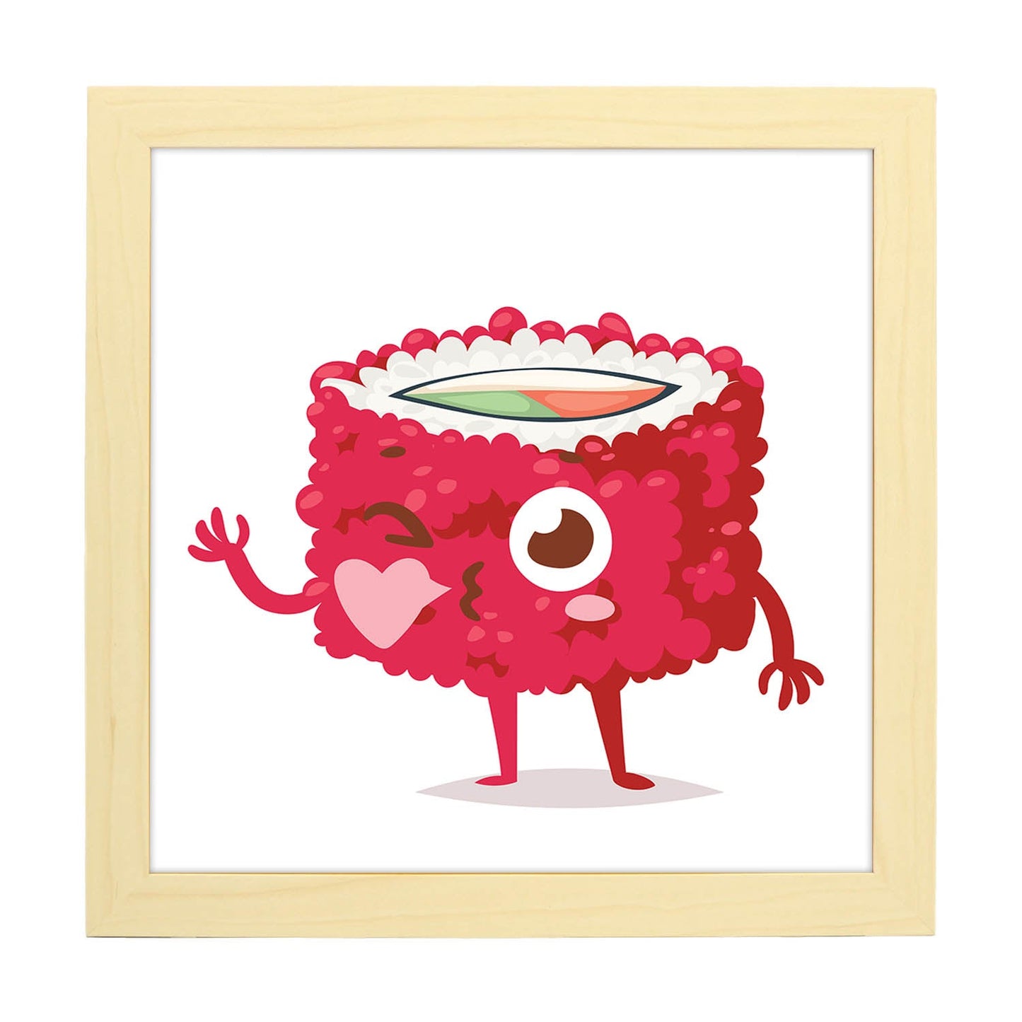 Poster cuadrado de sushi. Lámina Sushi california, con dibujos de sushi, onigiri, y otras comidas japonesas.-Artwork-Nacnic-25x25 cm-Marco Madera clara-Nacnic Estudio SL