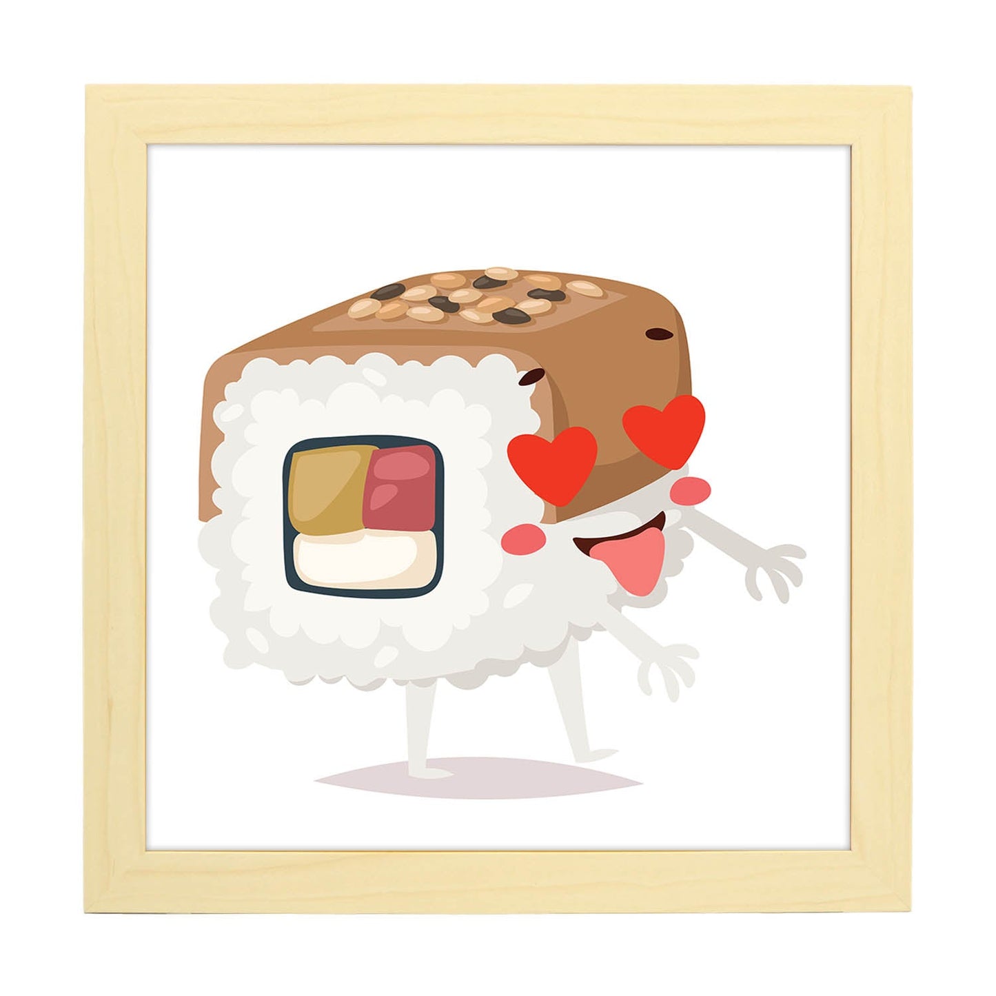 Poster cuadrado de sushi. Lámina Sushi in love, con dibujos de sushi, onigiri, y otras comidas japonesas.-Artwork-Nacnic-25x25 cm-Marco Madera clara-Nacnic Estudio SL