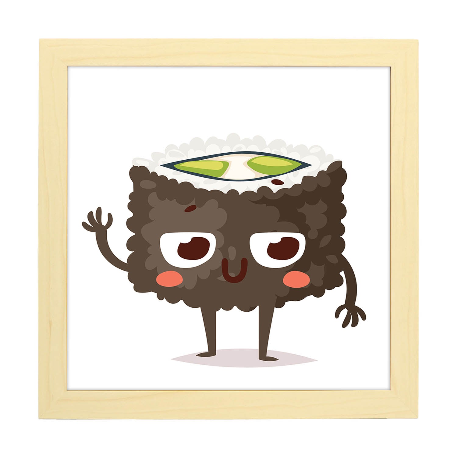 Poster cuadrado de sushi. Lámina Sushi pepino, con dibujos de sushi, onigiri, y otras comidas japonesas.-Artwork-Nacnic-20x20 cm-Marco Madera clara-Nacnic Estudio SL