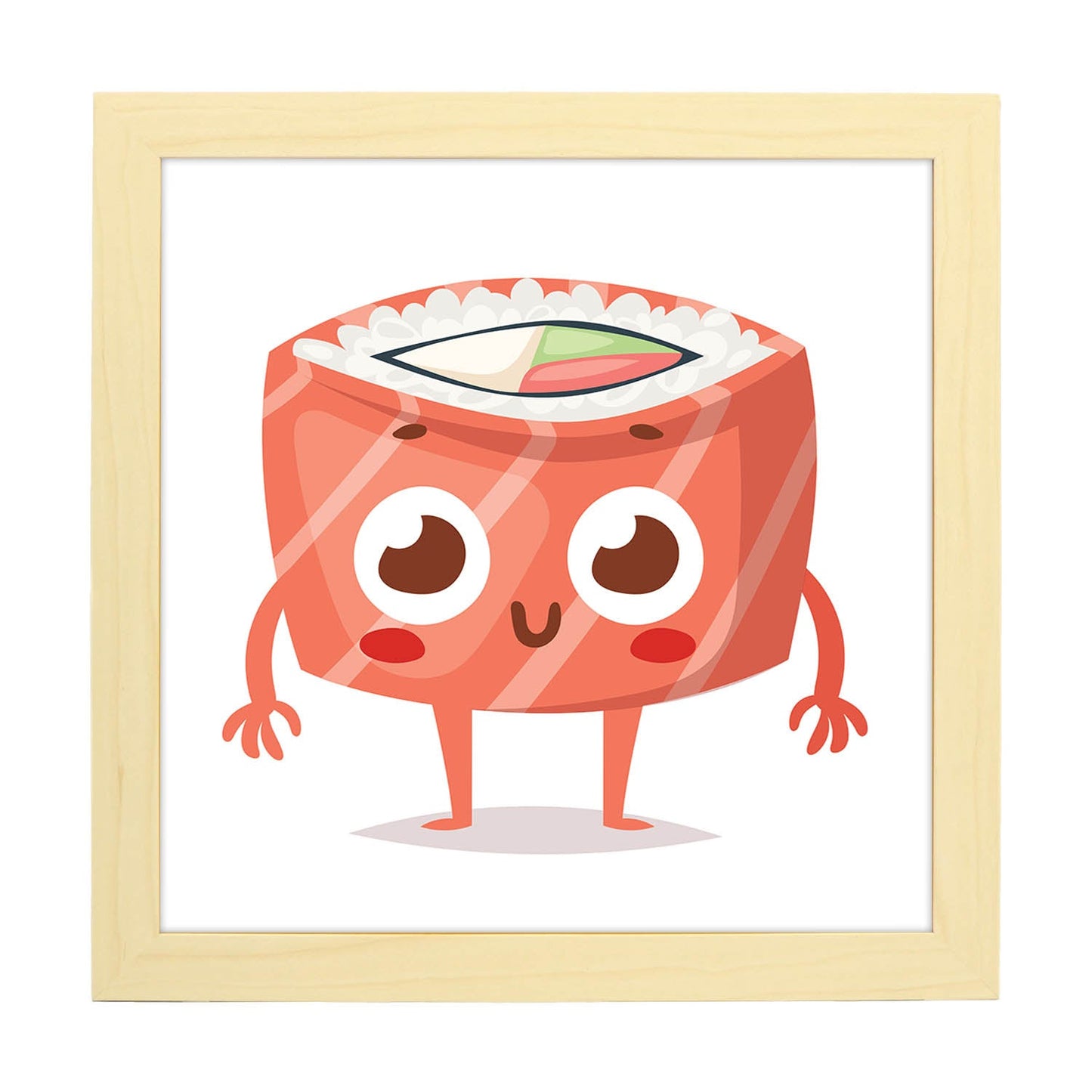 Poster cuadrado de sushi. Lámina Sushi salmon, con dibujos de sushi, onigiri, y otras comidas japonesas.-Artwork-Nacnic-20x20 cm-Marco Madera clara-Nacnic Estudio SL