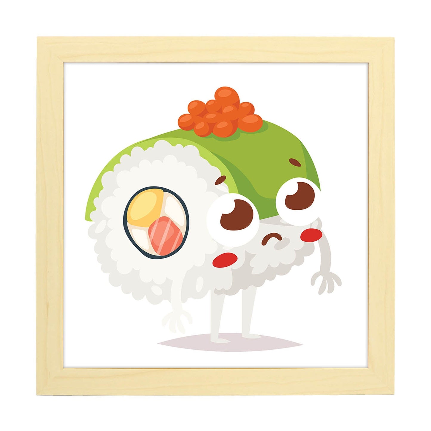 Poster cuadrado de sushi. Lámina Sushi verde caviar, con dibujos de sushi, onigiri, y otras comidas japonesas.-Artwork-Nacnic-20x20 cm-Marco Madera clara-Nacnic Estudio SL