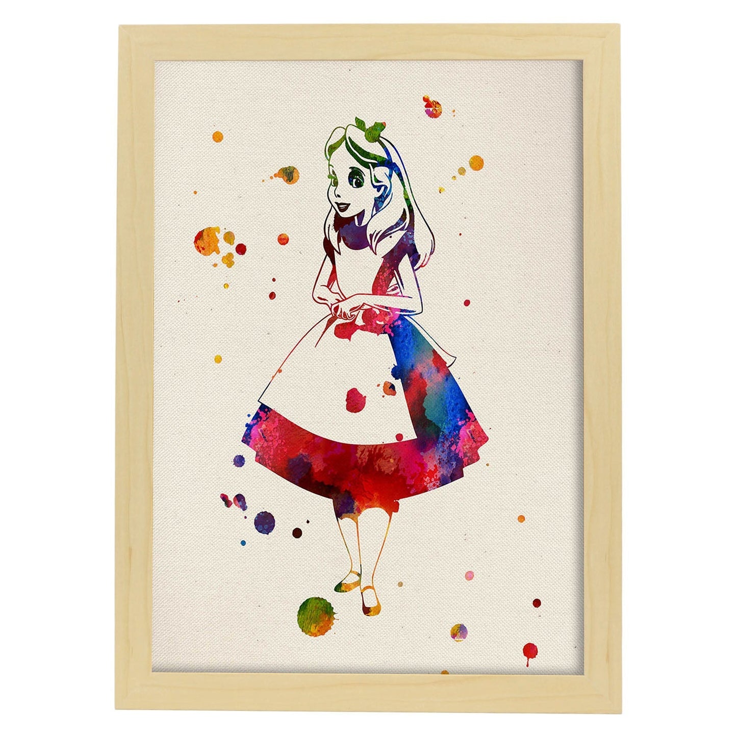 Poster de Alicia en el país de las maravillas con diseño acuarela. Mix de láminas con estilo acuarela-Artwork-Nacnic-A4-Marco Madera clara-Nacnic Estudio SL
