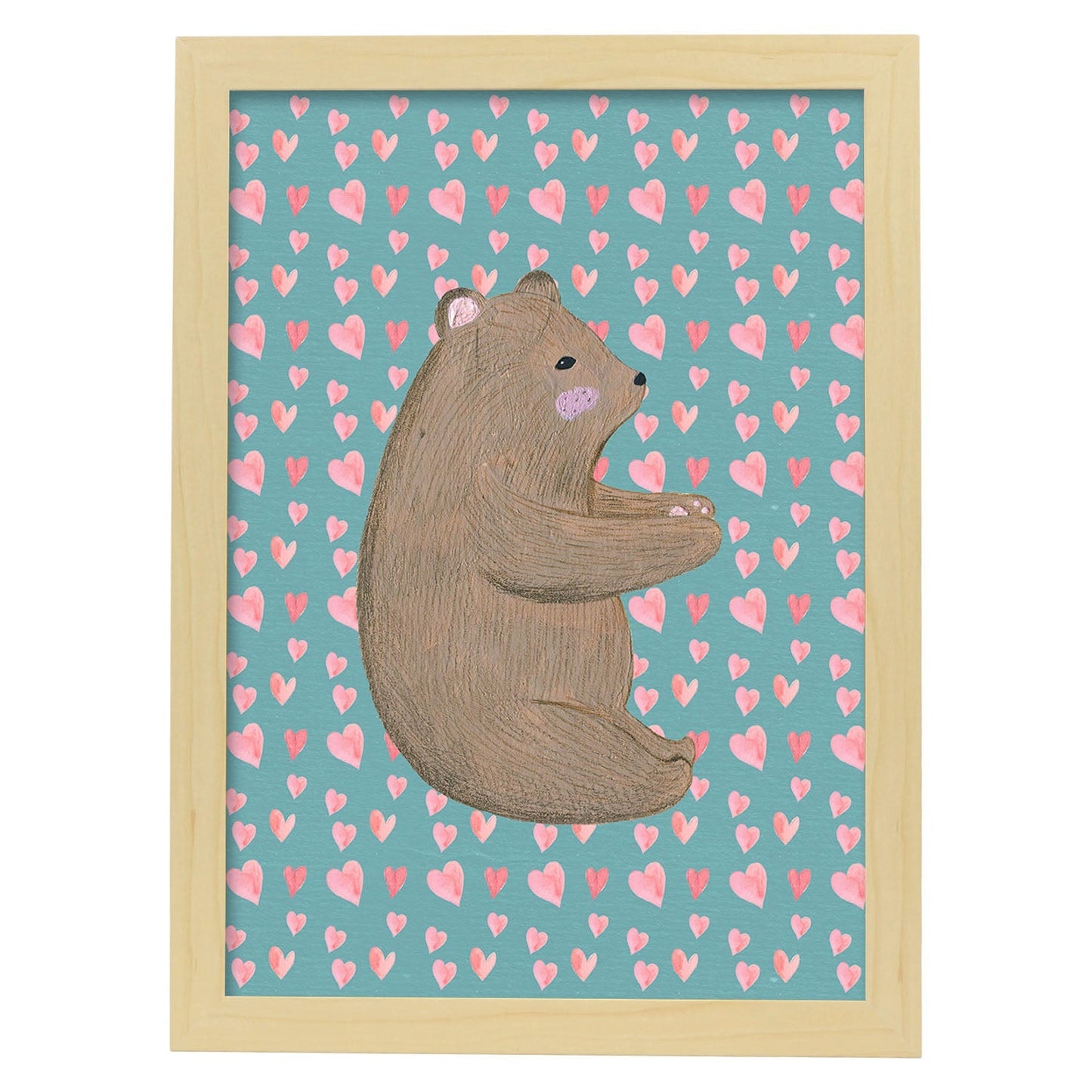 Poster de animales con fondos coloridos. Lámina Osito bebe, con ilustraciones de animales.-Artwork-Nacnic-A3-Marco Madera clara-Nacnic Estudio SL