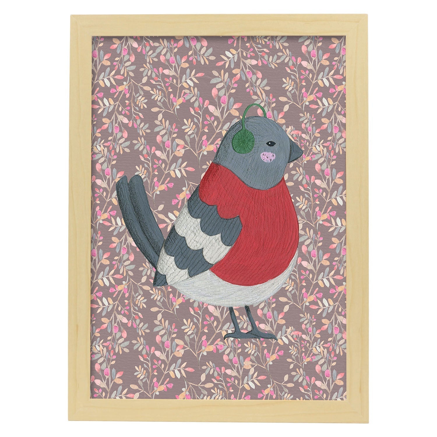 Poster de animales con fondos coloridos. Lámina Pajarito en otoño, con ilustraciones de animales.-Artwork-Nacnic-A3-Marco Madera clara-Nacnic Estudio SL