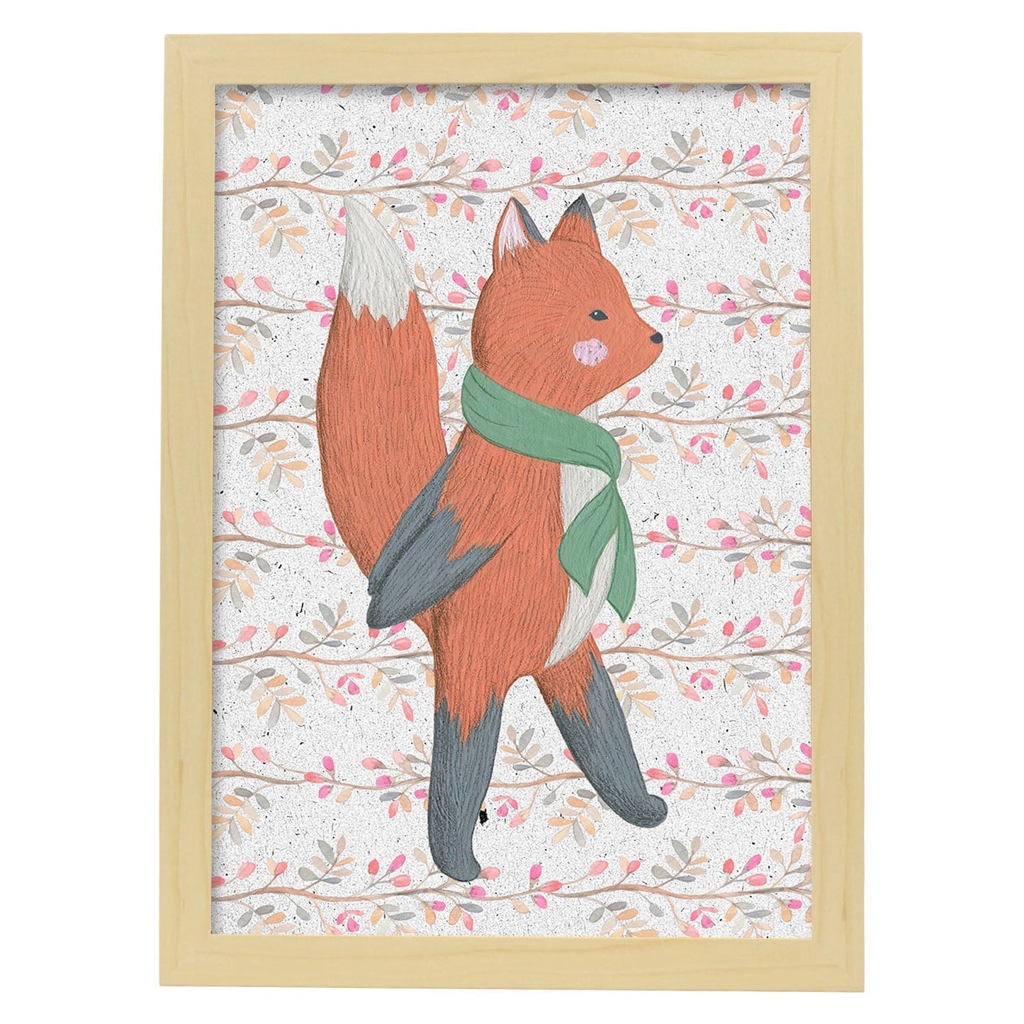 Poster de animales con fondos coloridos. Lámina Papa Zorro paseando, con ilustraciones de animales.-Artwork-Nacnic-A4-Marco Madera clara-Nacnic Estudio SL