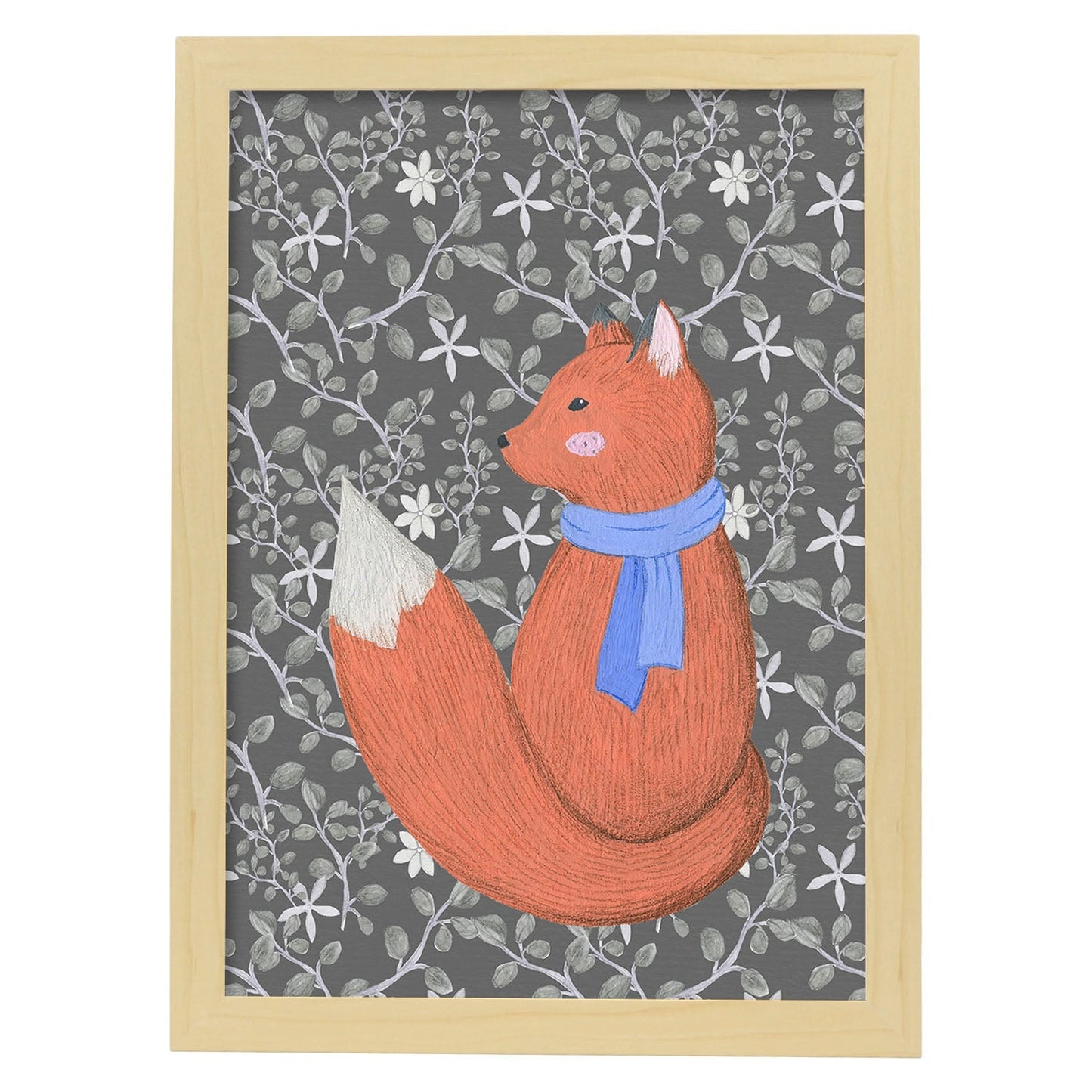 Poster de animales con fondos coloridos. Lámina Zorrito con bufanda, con ilustraciones de animales.-Artwork-Nacnic-A3-Marco Madera clara-Nacnic Estudio SL