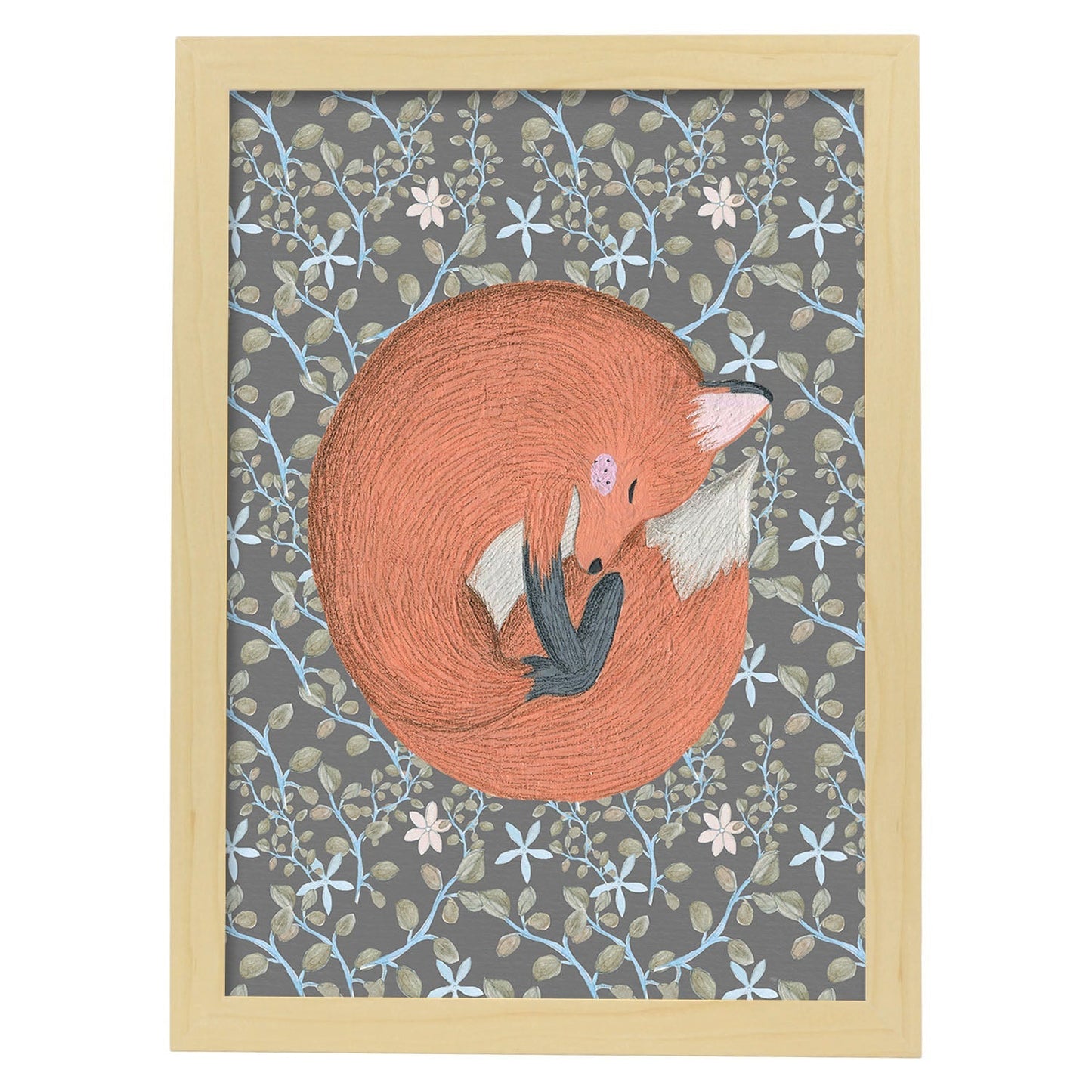 Poster de animales con fondos coloridos. Lámina Zorrito en la siesta, con ilustraciones de animales.-Artwork-Nacnic-A3-Marco Madera clara-Nacnic Estudio SL