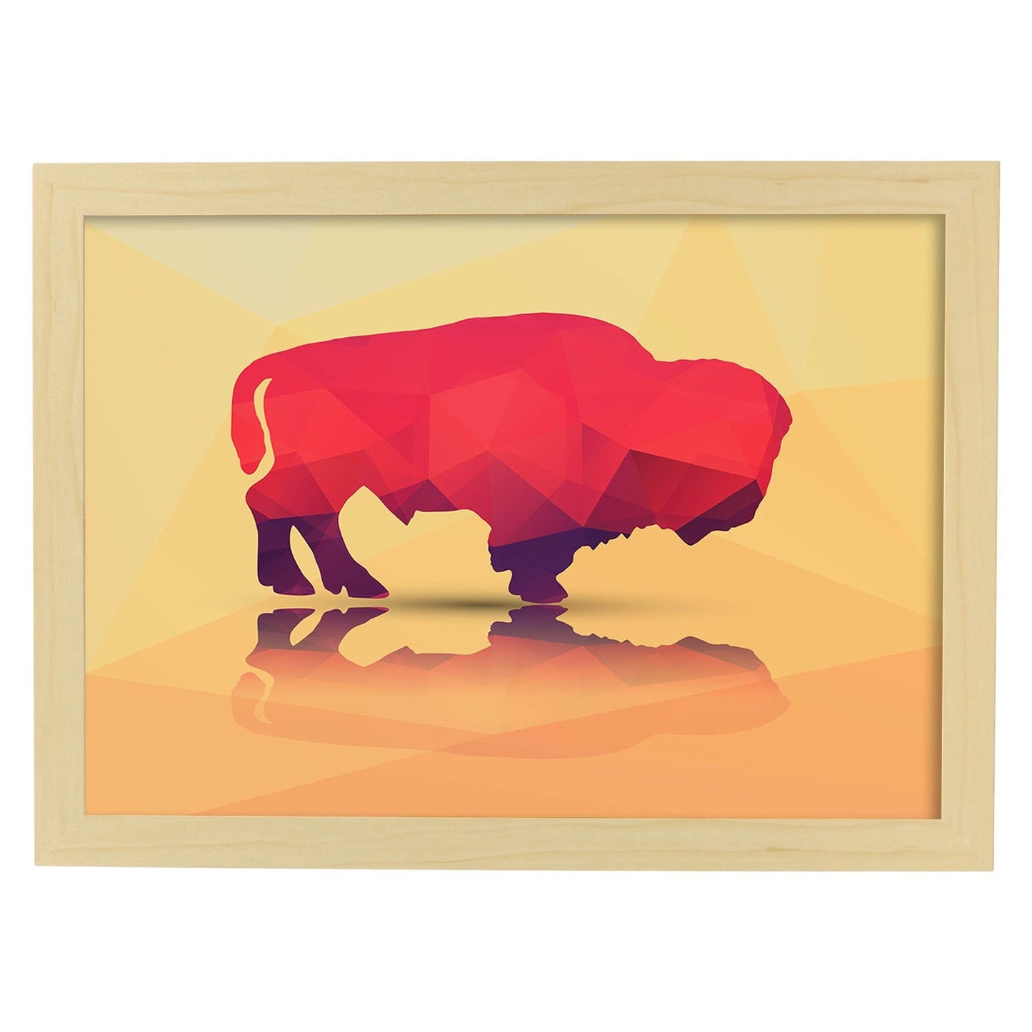 Poster de animales geométricos con fondos a color. Lámina Bufalo, ilustrada con formas geométricas, y con un colorido fondo.-Artwork-Nacnic-A3-Marco Madera clara-Nacnic Estudio SL