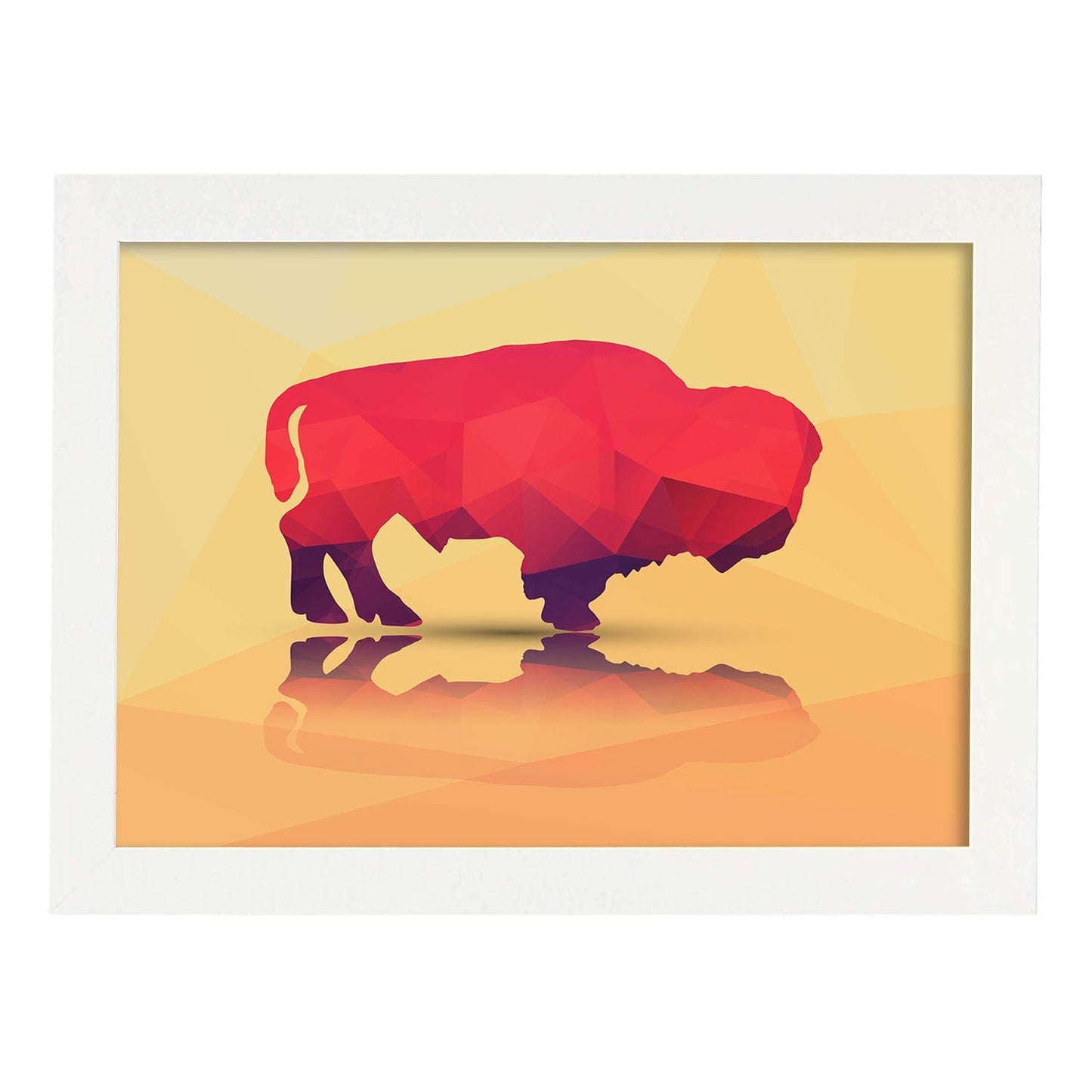 Poster de animales geométricos con fondos a color. Lámina Bufalo, ilustrada con formas geométricas, y con un colorido fondo.-Artwork-Nacnic-A4-Marco Blanco-Nacnic Estudio SL