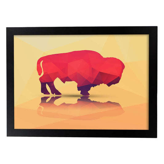 Poster de animales geométricos con fondos a color. Lámina Bufalo, ilustrada con formas geométricas, y con un colorido fondo.-Artwork-Nacnic-A4-Marco Negro-Nacnic Estudio SL