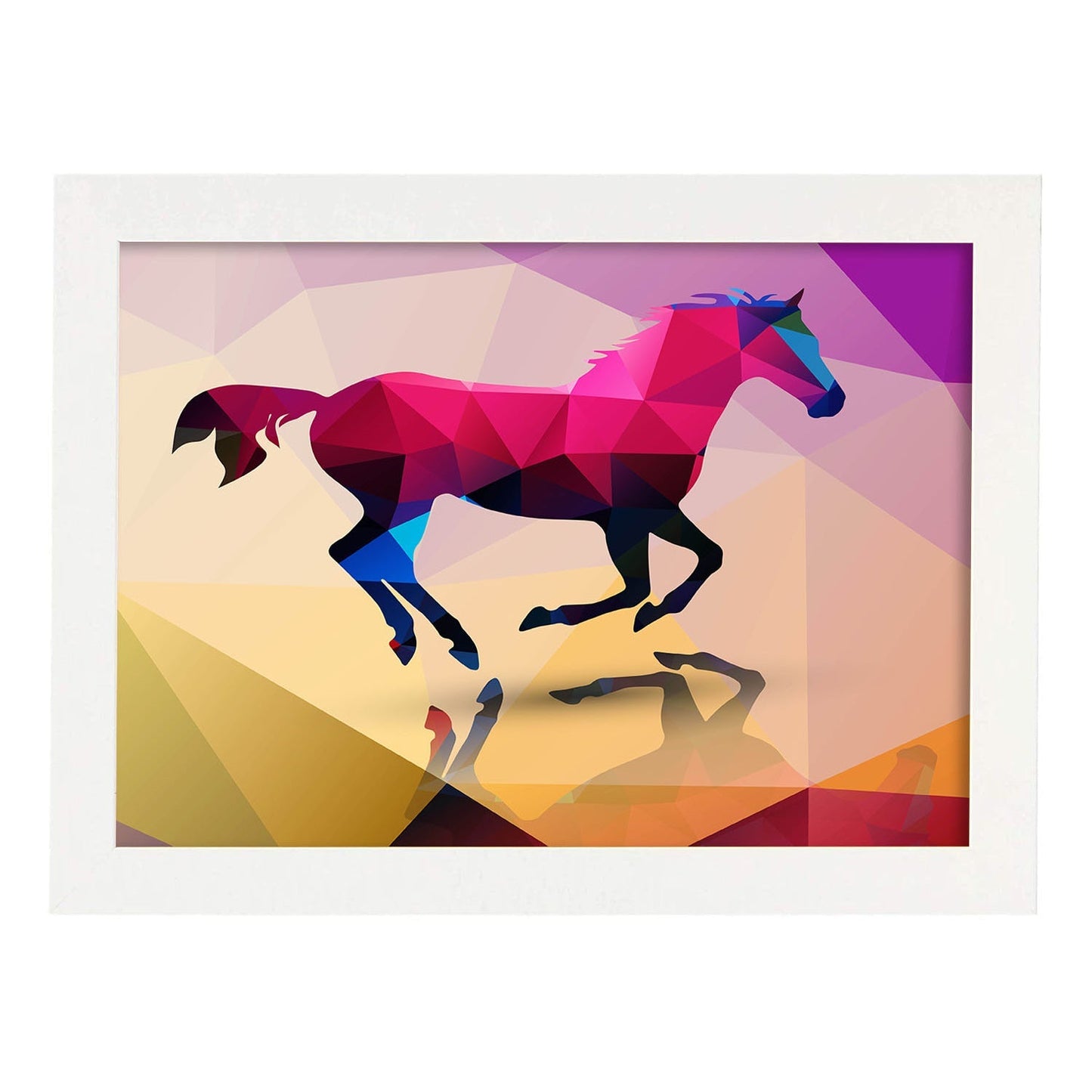 Poster de animales geométricos con fondos a color. Lámina Caballo, ilustrada con formas geométricas, y con un colorido fondo.-Artwork-Nacnic-A3-Marco Blanco-Nacnic Estudio SL