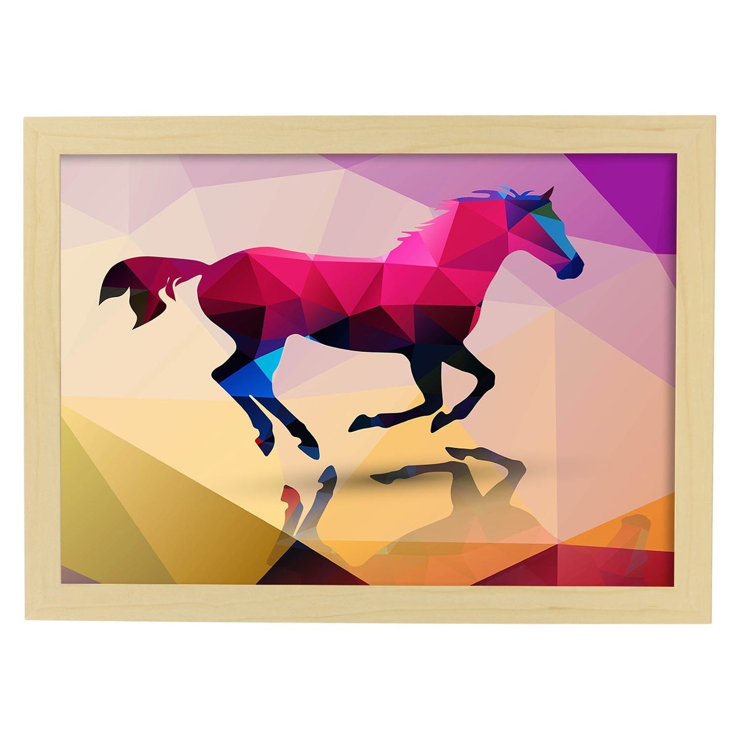 Poster de animales geométricos con fondos a color. Lámina Caballo, ilustrada con formas geométricas, y con un colorido fondo.-Artwork-Nacnic-A3-Marco Madera clara-Nacnic Estudio SL