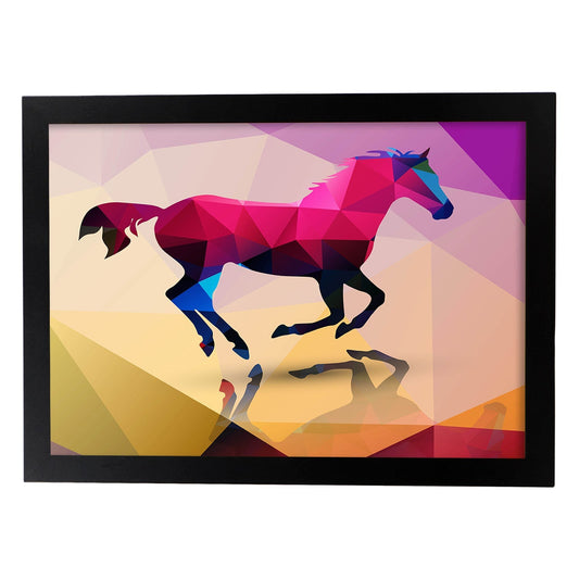 Poster de animales geométricos con fondos a color. Lámina Caballo, ilustrada con formas geométricas, y con un colorido fondo.-Artwork-Nacnic-A4-Marco Negro-Nacnic Estudio SL