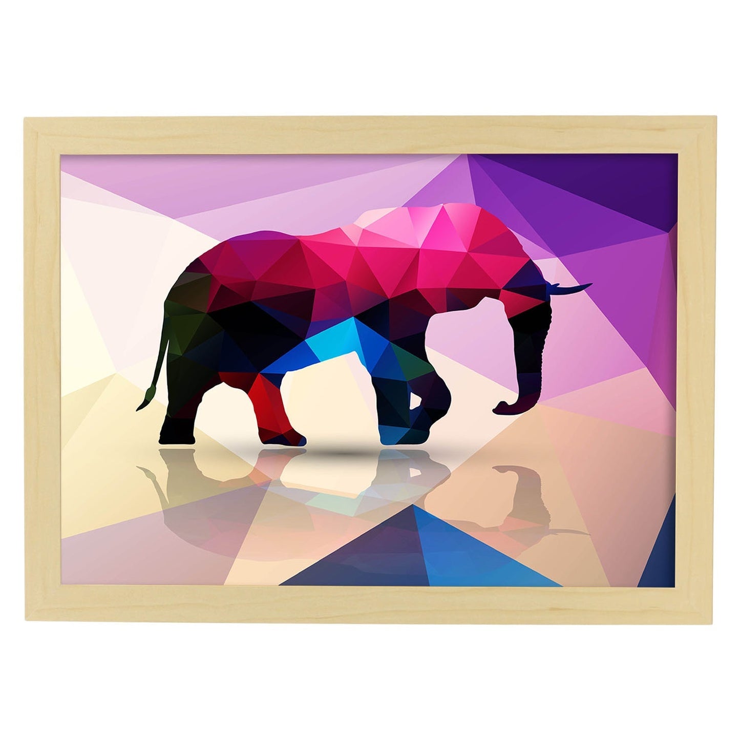 Poster de animales geométricos con fondos a color. Lámina Elefante, ilustrada con formas geométricas, y con un colorido fondo.-Artwork-Nacnic-A3-Marco Madera clara-Nacnic Estudio SL