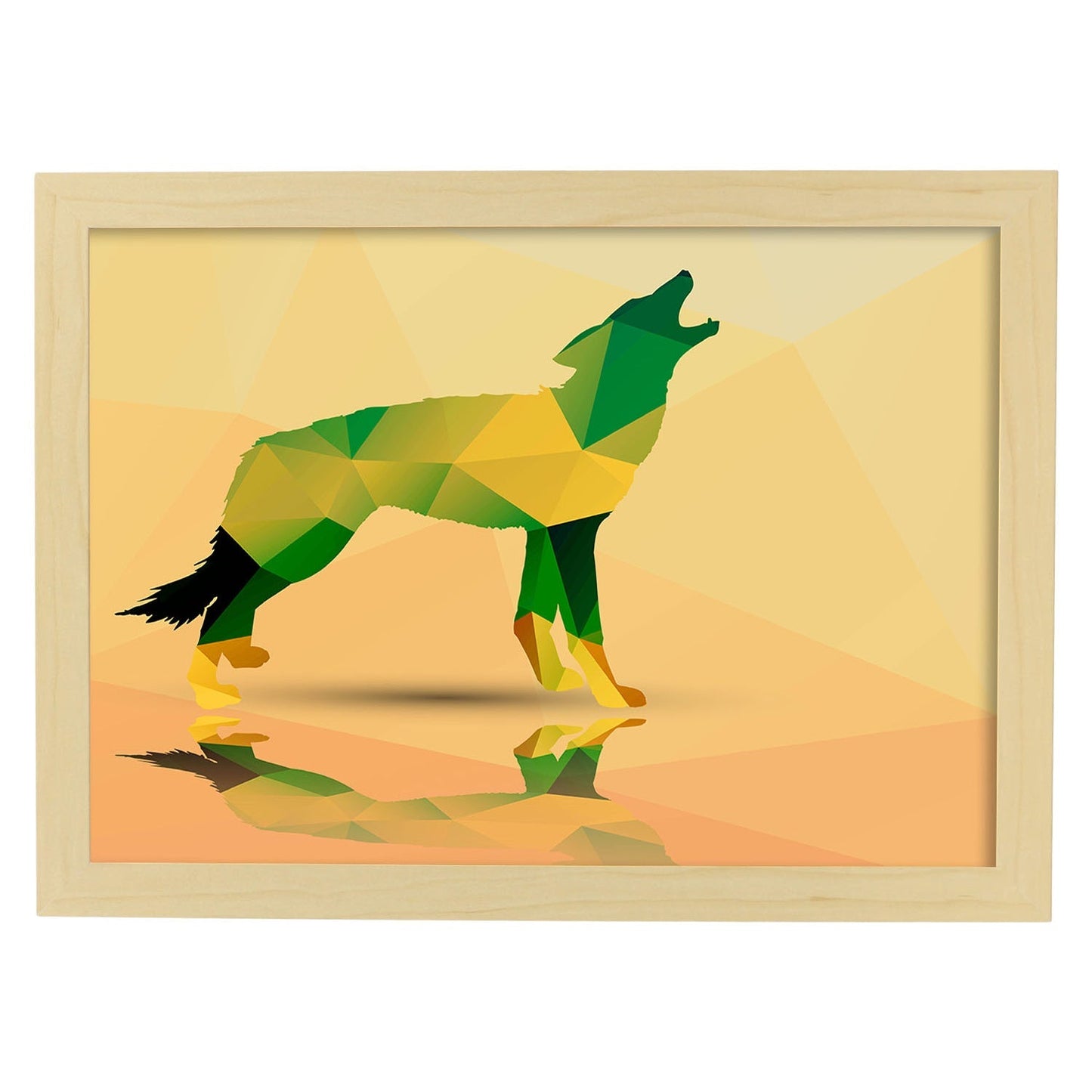 Poster de animales geométricos con fondos a color. Lámina Lobo, ilustrada con formas geométricas, y con un colorido fondo.-Artwork-Nacnic-A4-Marco Madera clara-Nacnic Estudio SL