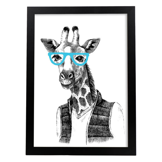 Poster de animales. Lámina Jirafa interesante. Colección mix de animales coloridos para-Artwork-Nacnic-A4-Marco Negro-Nacnic Estudio SL
