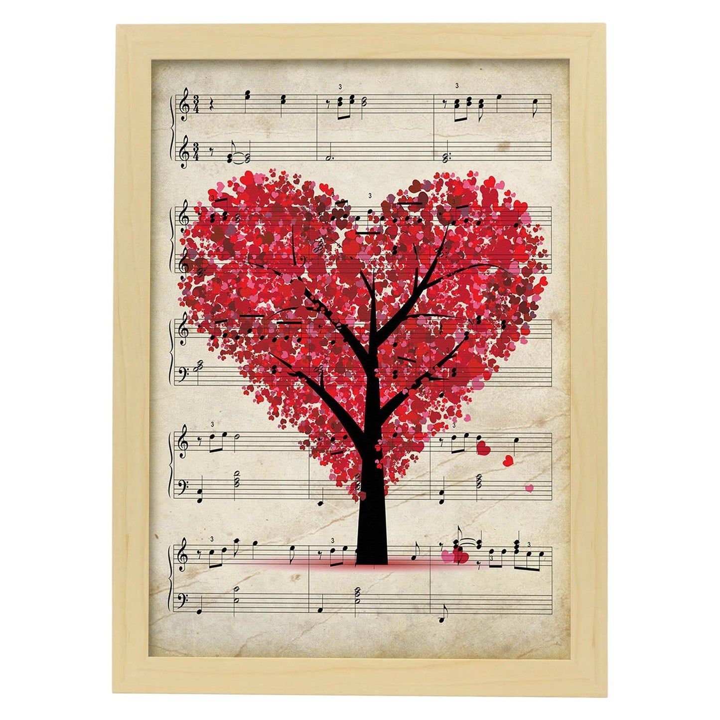 Poster de Arbol corazon sobre partitura. Láminas de imágenes con partituras. Diseño de música para el hogar.-Artwork-Nacnic-A3-Marco Madera clara-Nacnic Estudio SL