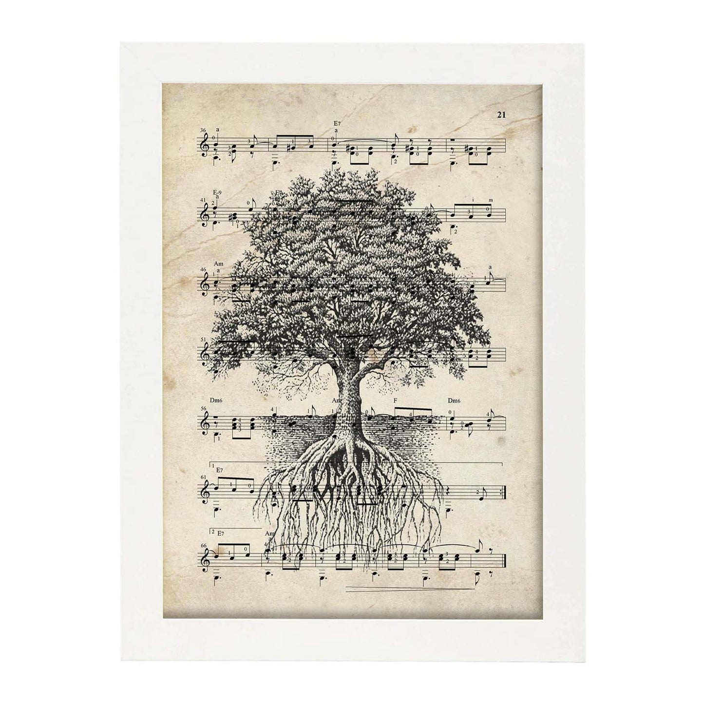 Poster de Arbol de la vida sobre partitura. Láminas de imágenes con partituras. Diseño de música para el hogar.-Artwork-Nacnic-Nacnic Estudio SL