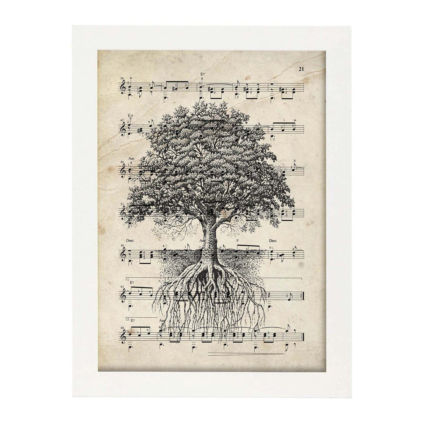 Poster de Arbol de la vida sobre partitura. Láminas de imágenes con partituras. Diseño de música para el hogar.-Artwork-Nacnic-A3-Marco Blanco-Nacnic Estudio SL