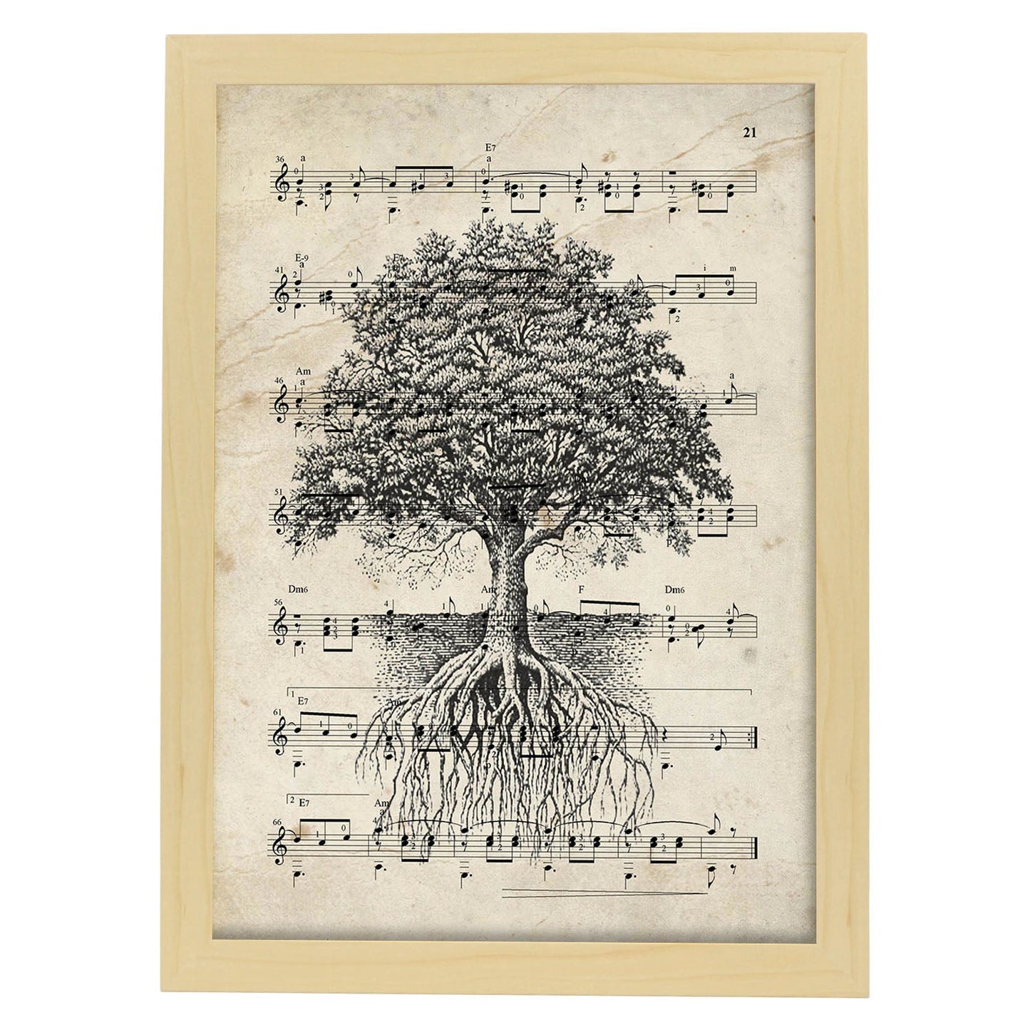 Poster de Arbol de la vida sobre partitura. Láminas de imágenes con partituras. Diseño de música para el hogar.-Artwork-Nacnic-A3-Marco Madera clara-Nacnic Estudio SL