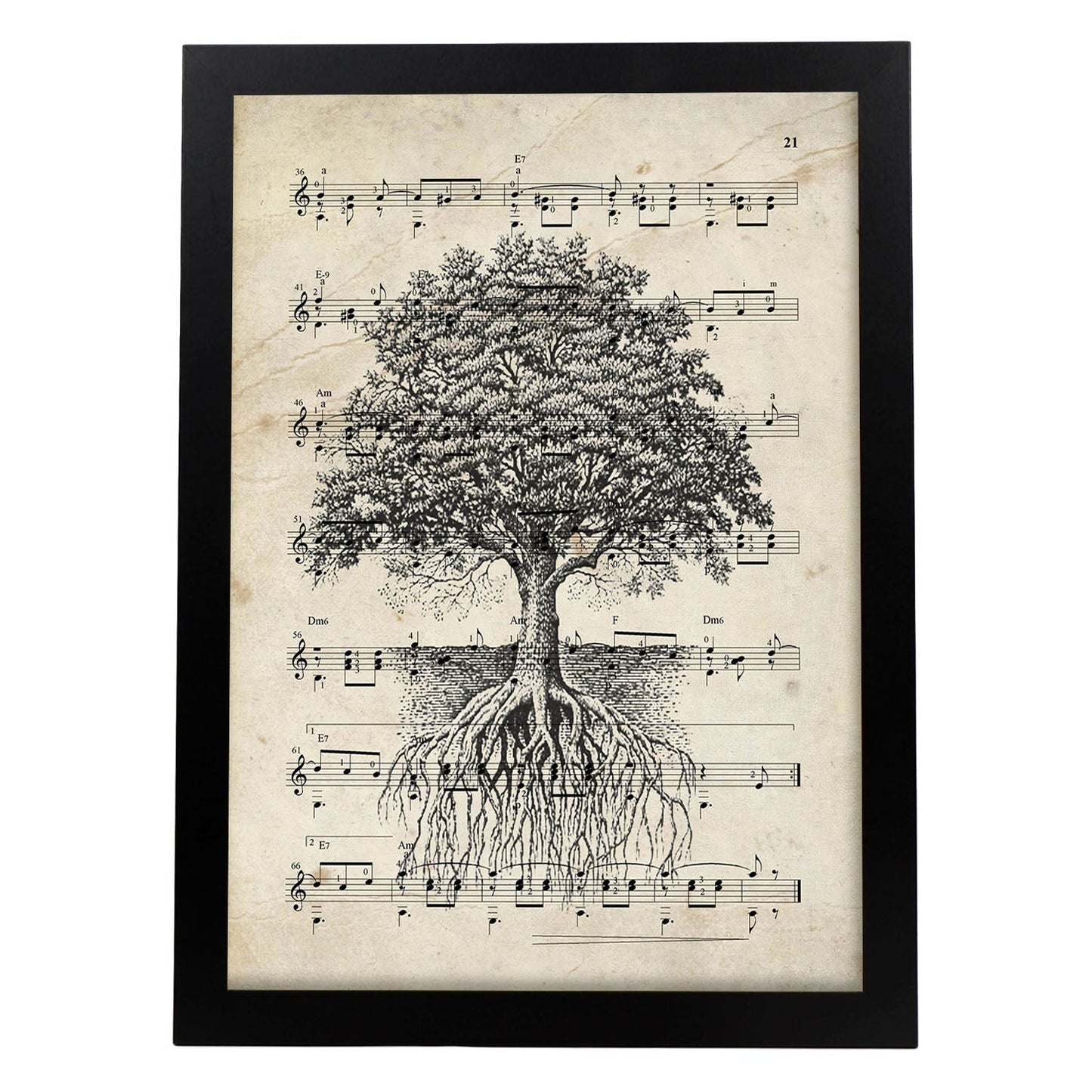 Poster de Arbol de la vida sobre partitura. Láminas de imágenes con partituras. Diseño de música para el hogar.-Artwork-Nacnic-A3-Marco Negro-Nacnic Estudio SL