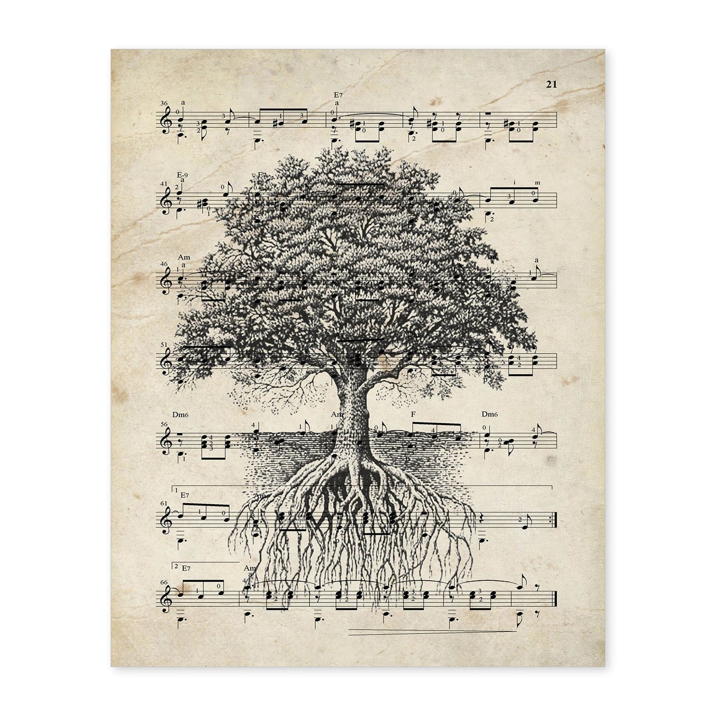 Poster de Arbol de la vida sobre partitura. Láminas de imágenes con partituras. Diseño de música para el hogar.-Artwork-Nacnic-A4-Sin marco-Nacnic Estudio SL