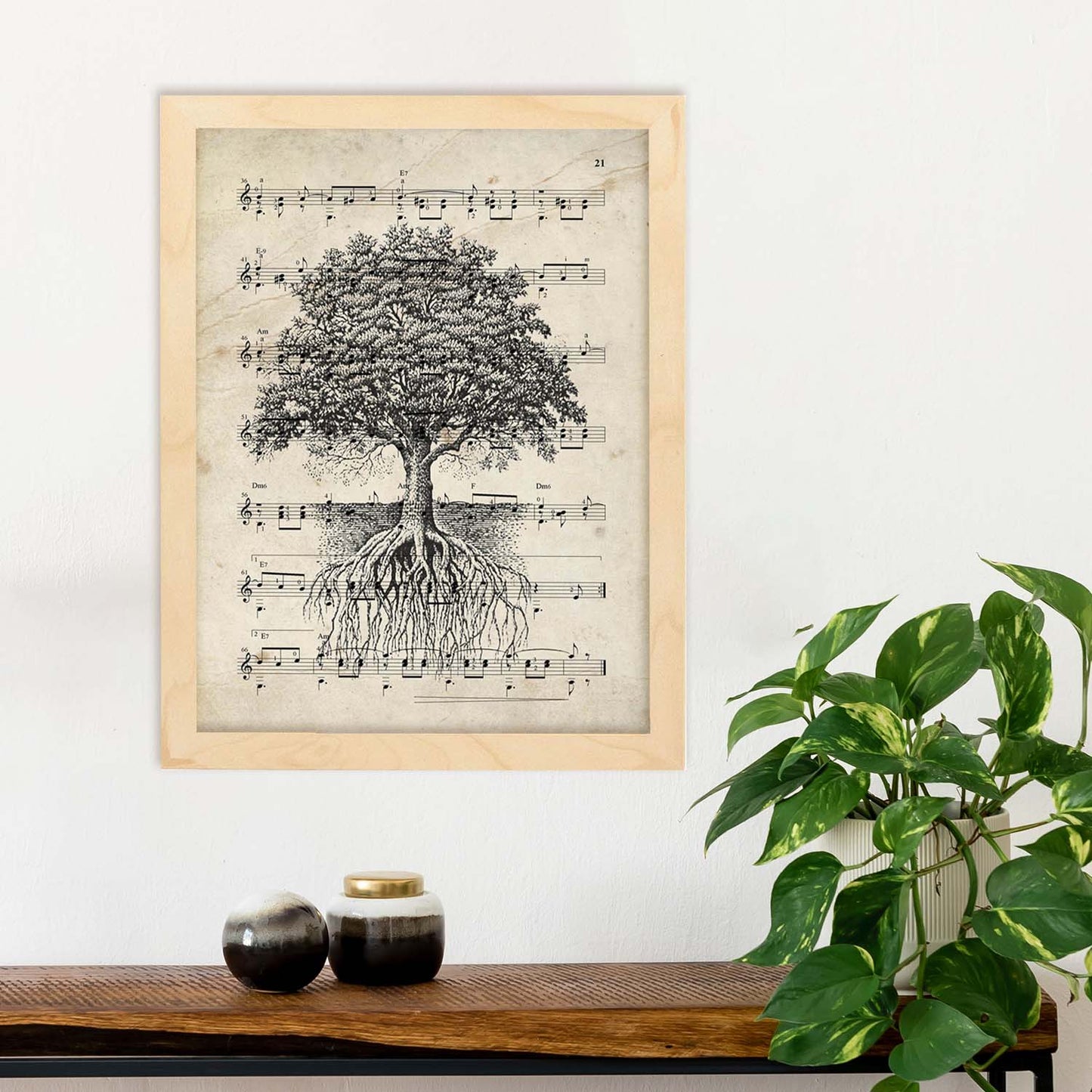 Poster de Arbol de la vida sobre partitura. Láminas de imágenes con partituras. Diseño de música para el hogar.-Artwork-Nacnic-Nacnic Estudio SL