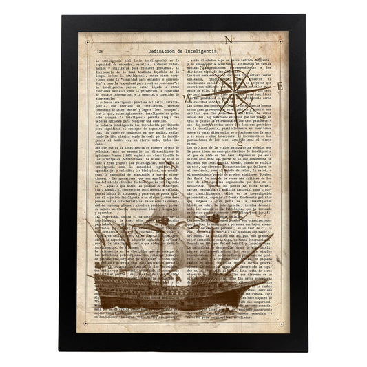 Poster de Barco antiguo con brujula. Láminas de vehículos con definiciones. Ilustraciones vintage de coches, motos, aviones, 
-Artwork-Nacnic-A4-Marco Negro-Nacnic Estudio SL