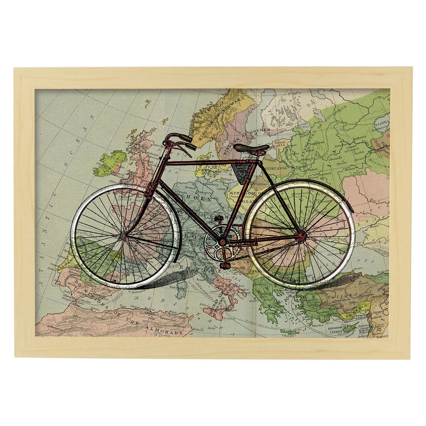 Poster de Bici en mapa de Europa. Láminas de mapas del mundo. Decoración con mapas e imágenes vintage.-Artwork-Nacnic-A4-Marco Madera clara-Nacnic Estudio SL