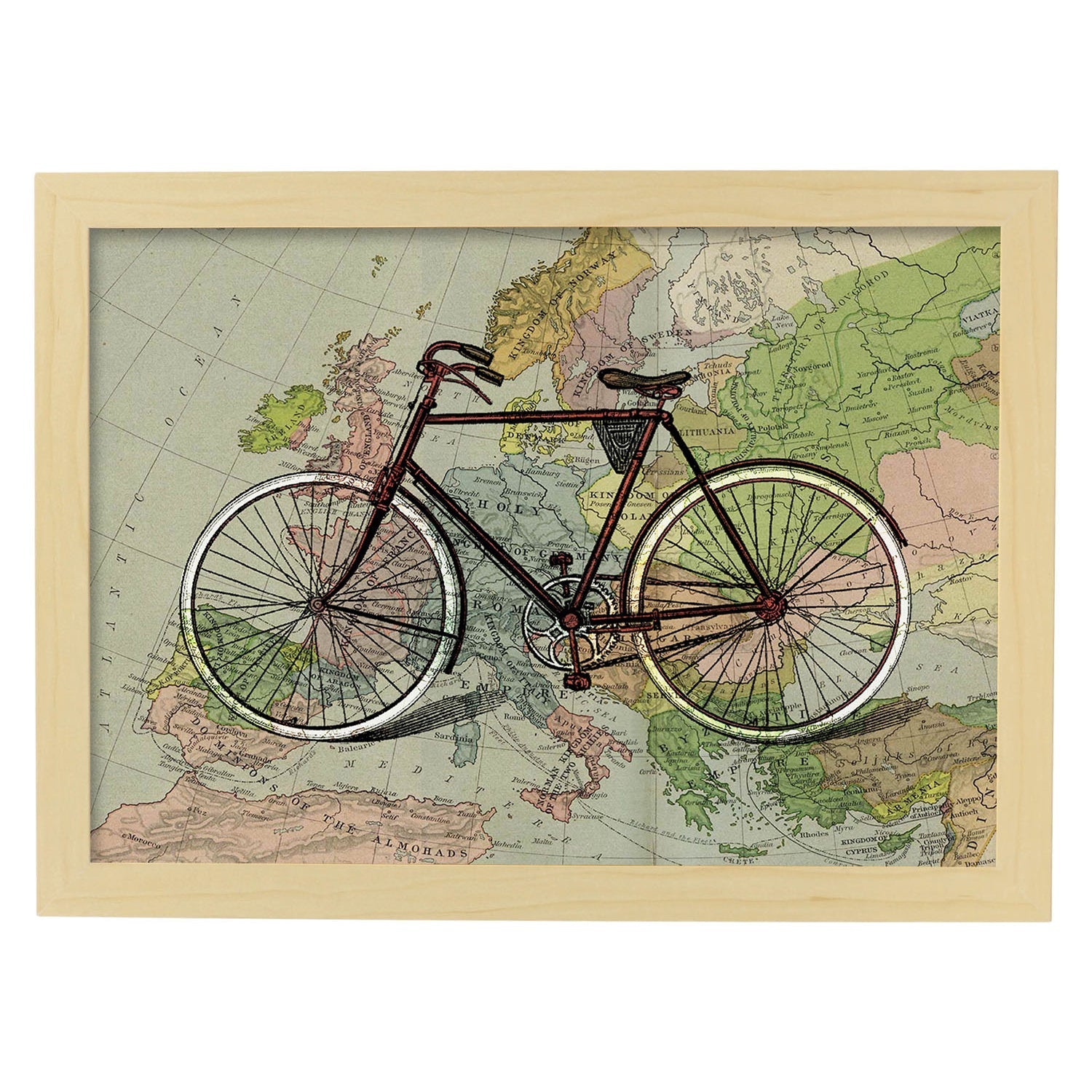 Poster de Bici en mapa de Europa. Láminas de mapas del mundo. Decoración con mapas e imágenes vintage.-Artwork-Nacnic-A4-Marco Madera clara-Nacnic Estudio SL