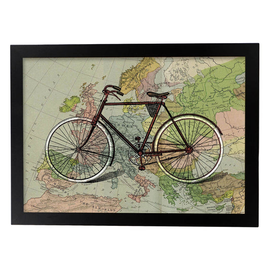 Poster de Bici en mapa de Europa. Láminas de mapas del mundo. Decoración con mapas e imágenes vintage.-Artwork-Nacnic-A4-Marco Negro-Nacnic Estudio SL