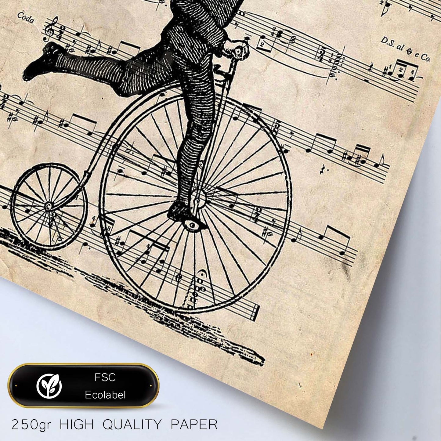 Poster de Bicicleta de rueda alta sobre partitura. Láminas de imágenes con partituras. Diseño de música para el hogar.-Artwork-Nacnic-Nacnic Estudio SL